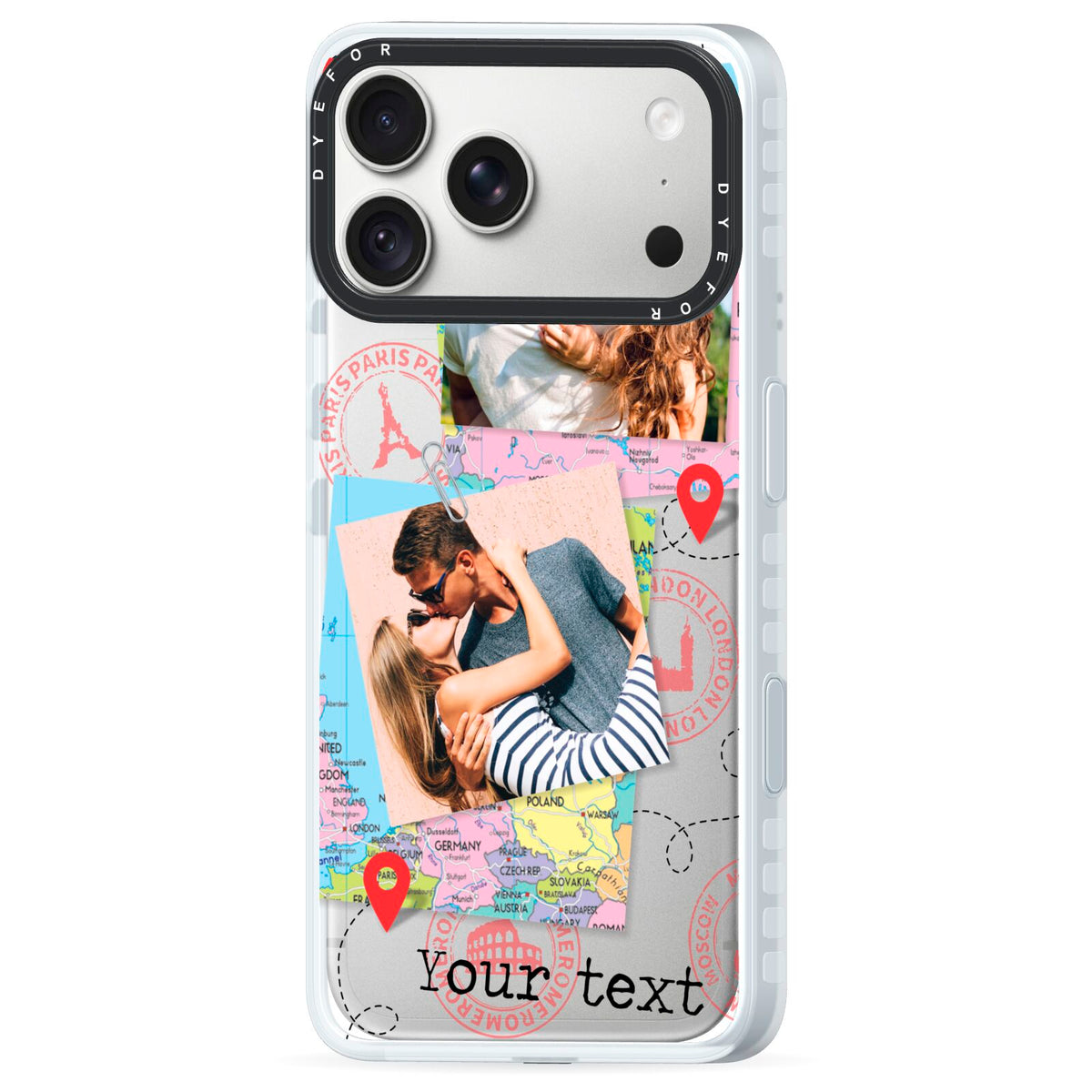 Travel Photo Montage Upload with Text iPhone 18 Pro Max Black Impact Pre order Case Side Angle on Silver phone