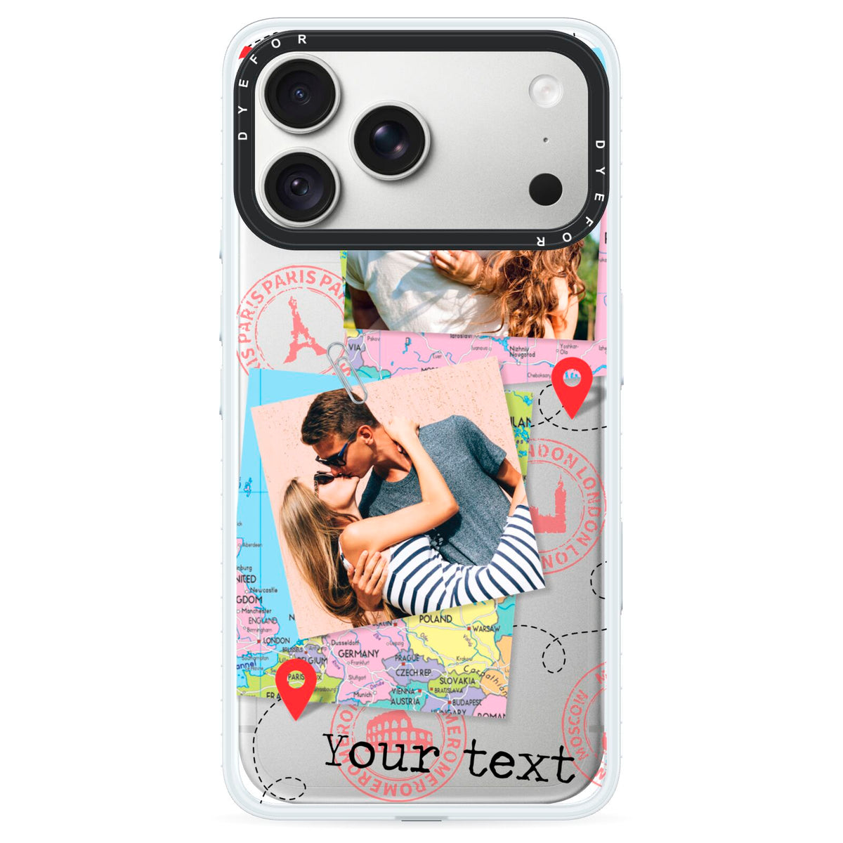Travel Photo Montage Upload with Text iPhone 18 Pro Max Black Impact Pre order Case on Silver phone