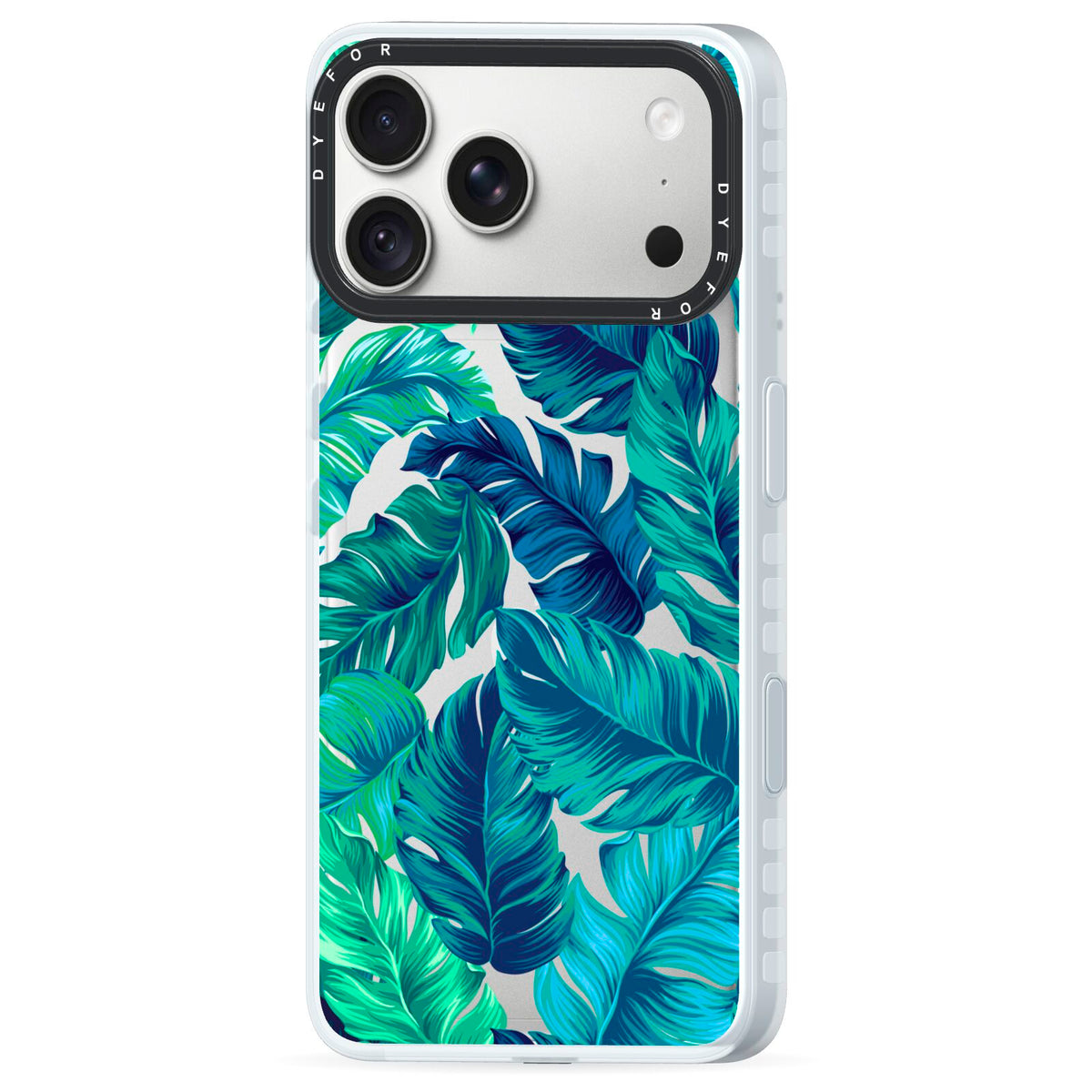 Tropical Leaves iPhone 18 Pro Max Black Impact Pre order Case Side Angle on Silver phone