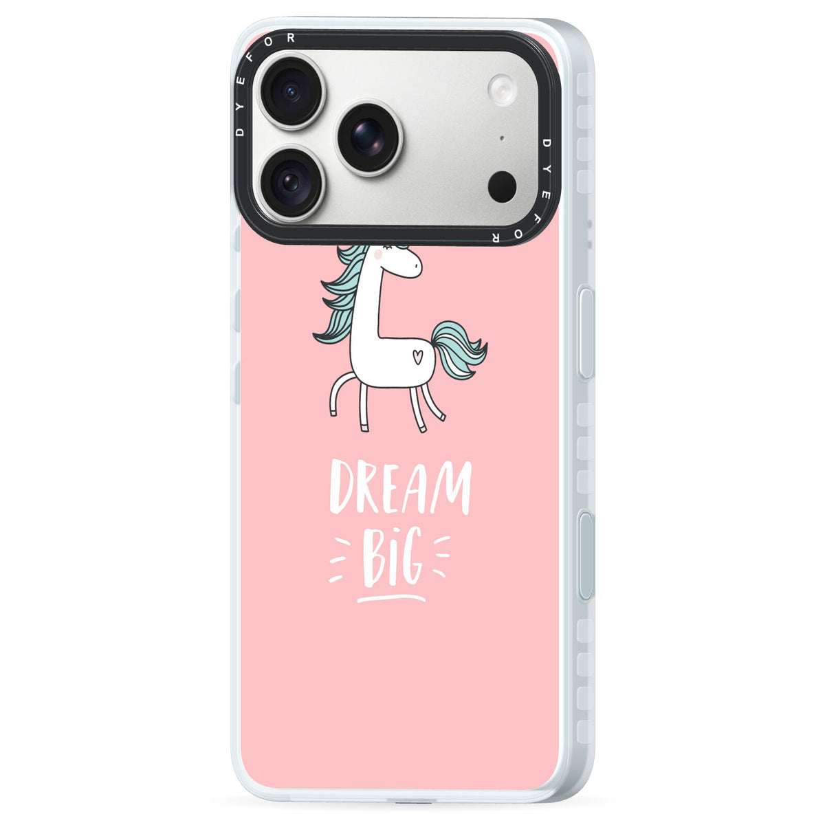 Unicorn Print Dream Big iPhone 18 Pro Black Impact Pre order Case Side Angle on Silver phone
