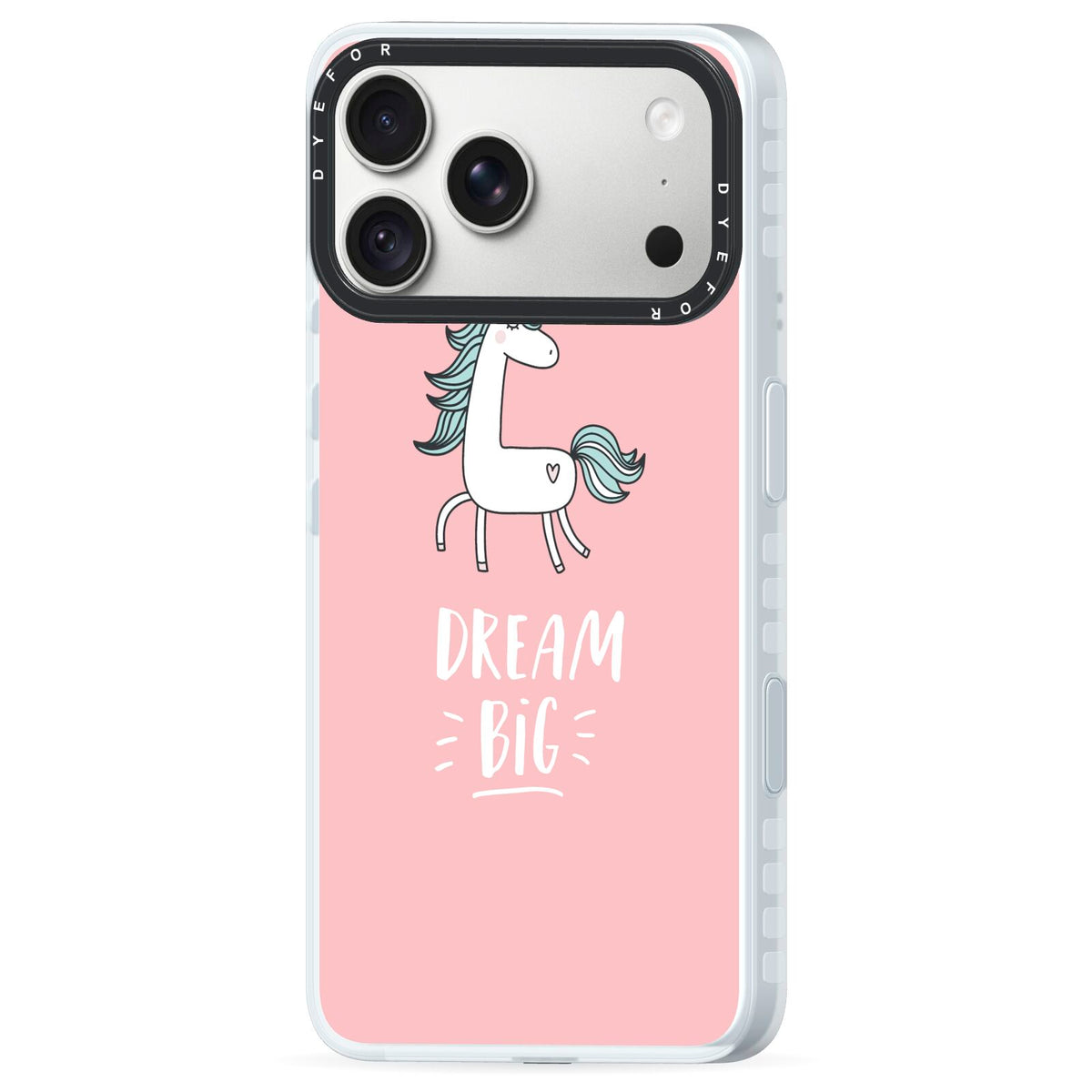 Unicorn Print Dream Big iPhone 18 Pro Max Black Impact Pre order Case Side Angle on Silver phone