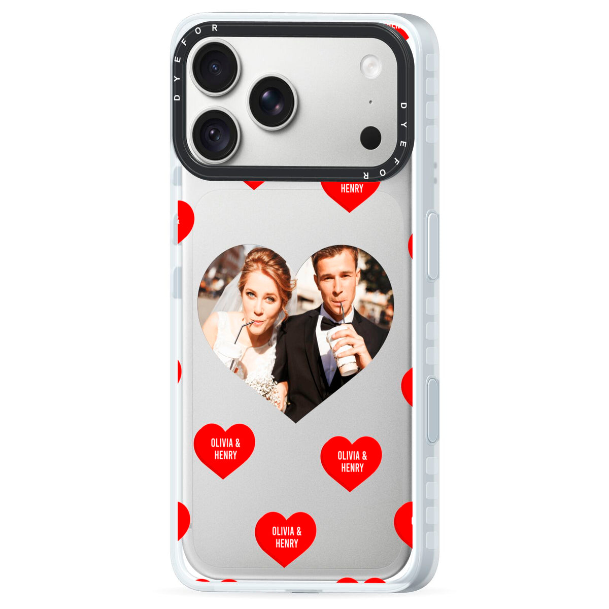Valentines Day Photo Upload iPhone 18 Pro Black Impact Pre order Case Side Angle on Silver phone