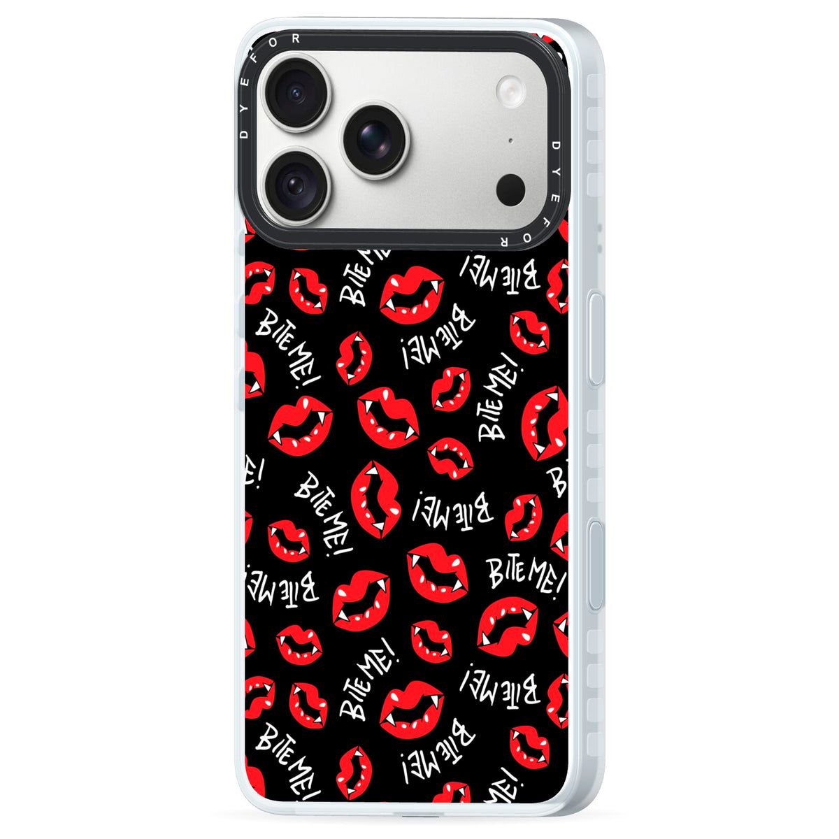 Vampire Bite Me iPhone 18 Pro Black Impact Pre order Case Side Angle on Silver phone