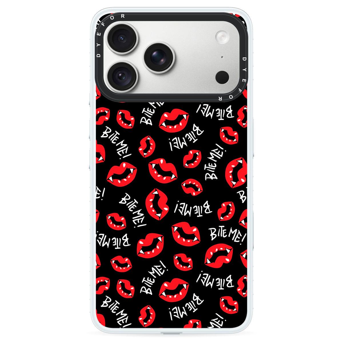 Vampire Bite Me iPhone 18 Pro Black Impact Pre order Case on Silver phone