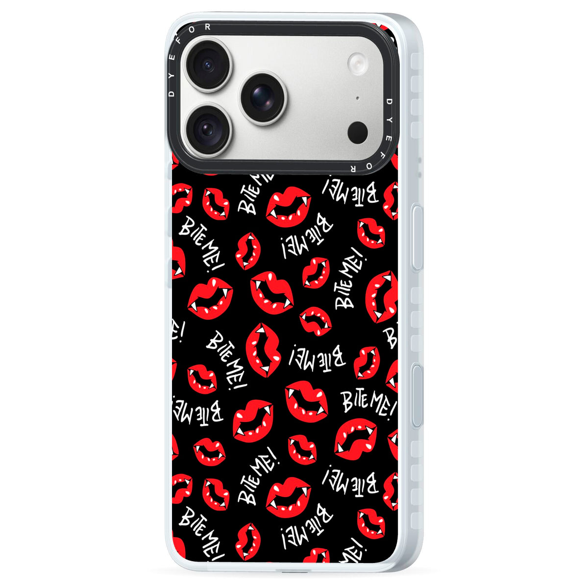 Vampire Bite Me iPhone 18 Pro Max Black Impact Pre order Case Side Angle on Silver phone