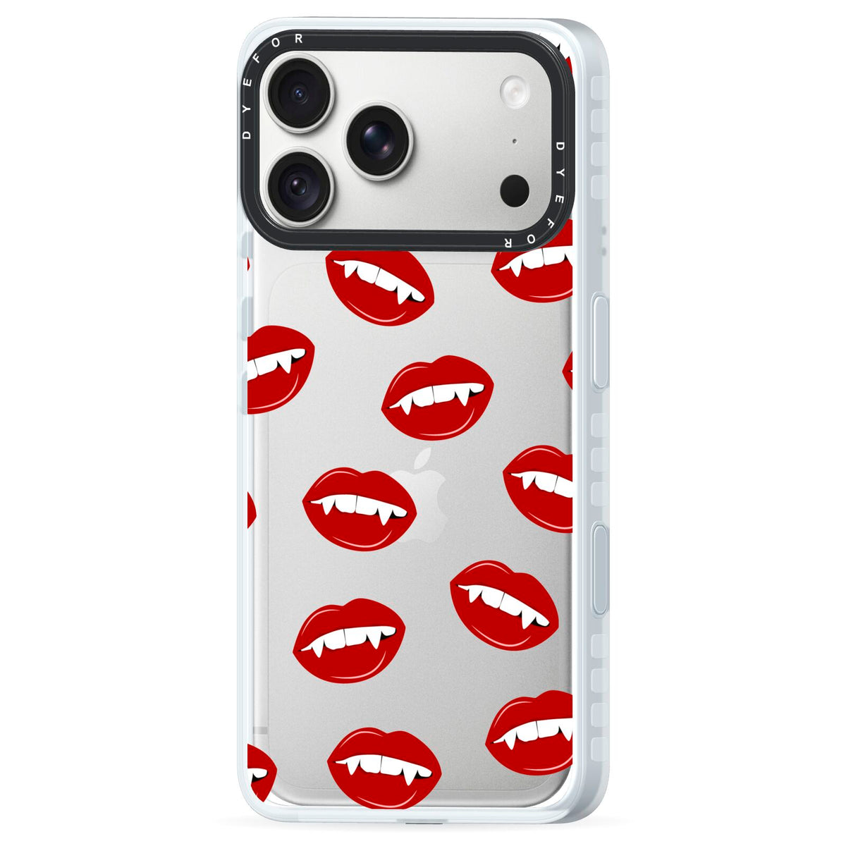 Vampire Fangs with Transparent Background iPhone 18 Pro Max Black Impact Pre order Case Side Angle on Silver phone