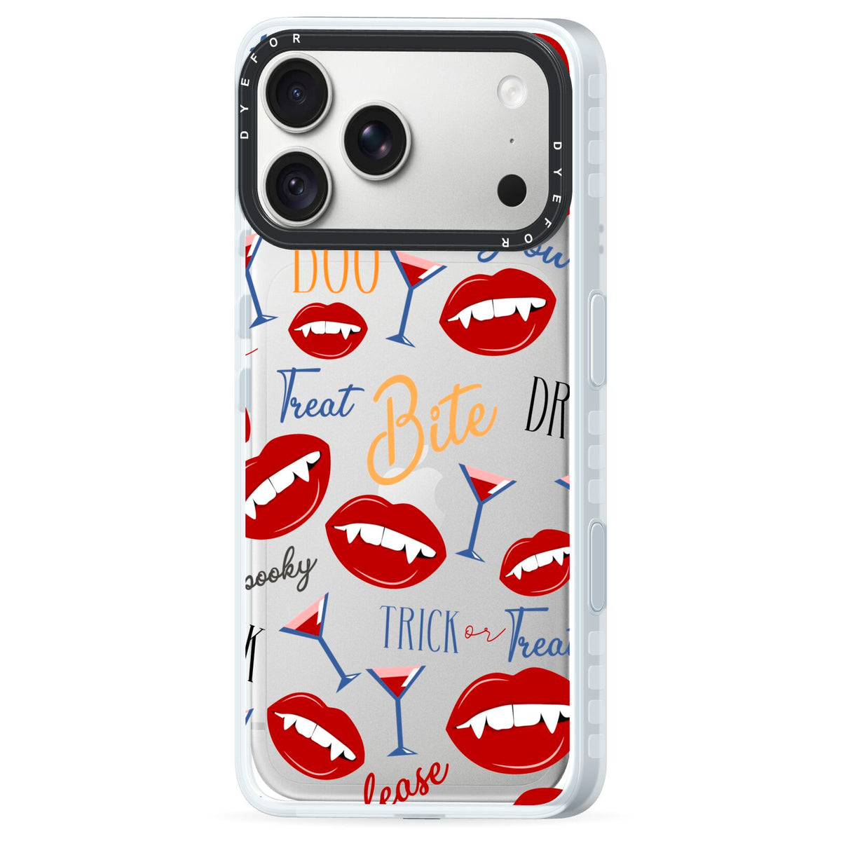 Vampire Illustrations and Catchphrases iPhone 18 Pro Black Impact Pre order Case Side Angle on Silver phone