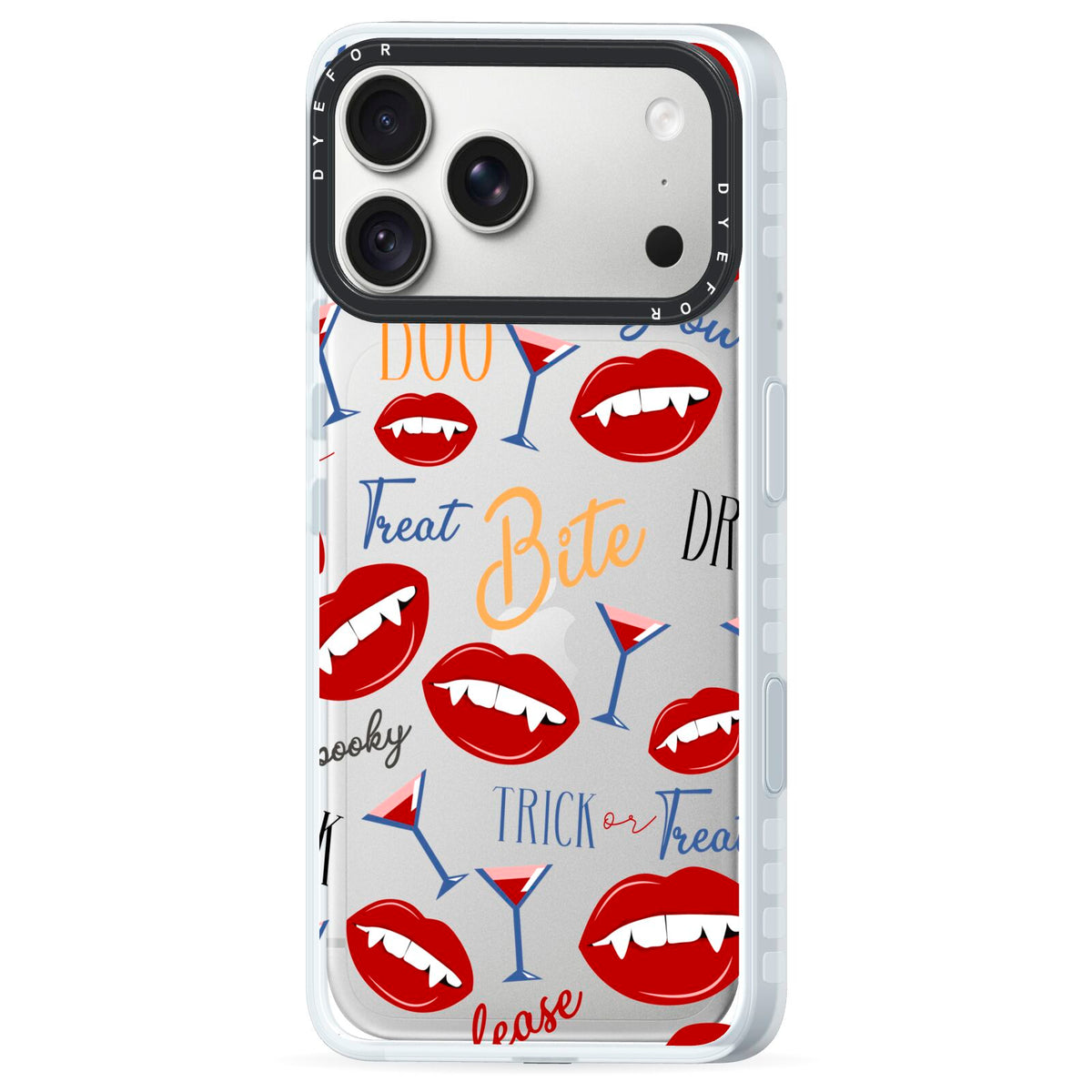 Vampire Illustrations and Catchphrases iPhone 18 Pro Max Black Impact Pre order Case Side Angle on Silver phone