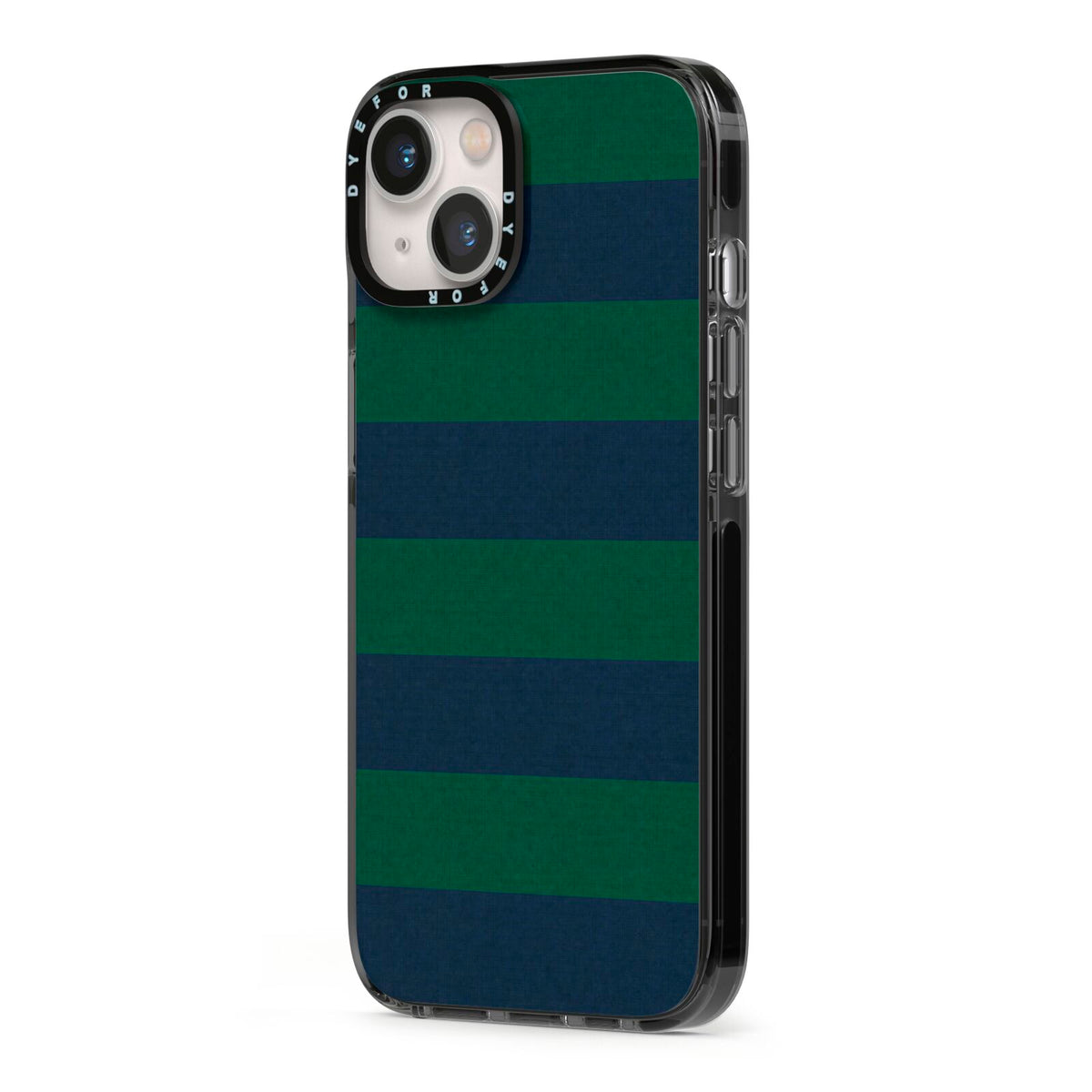 Varsity Rugby Stripe iPhone 13 Black Impact Case Side Angle on Silver phone