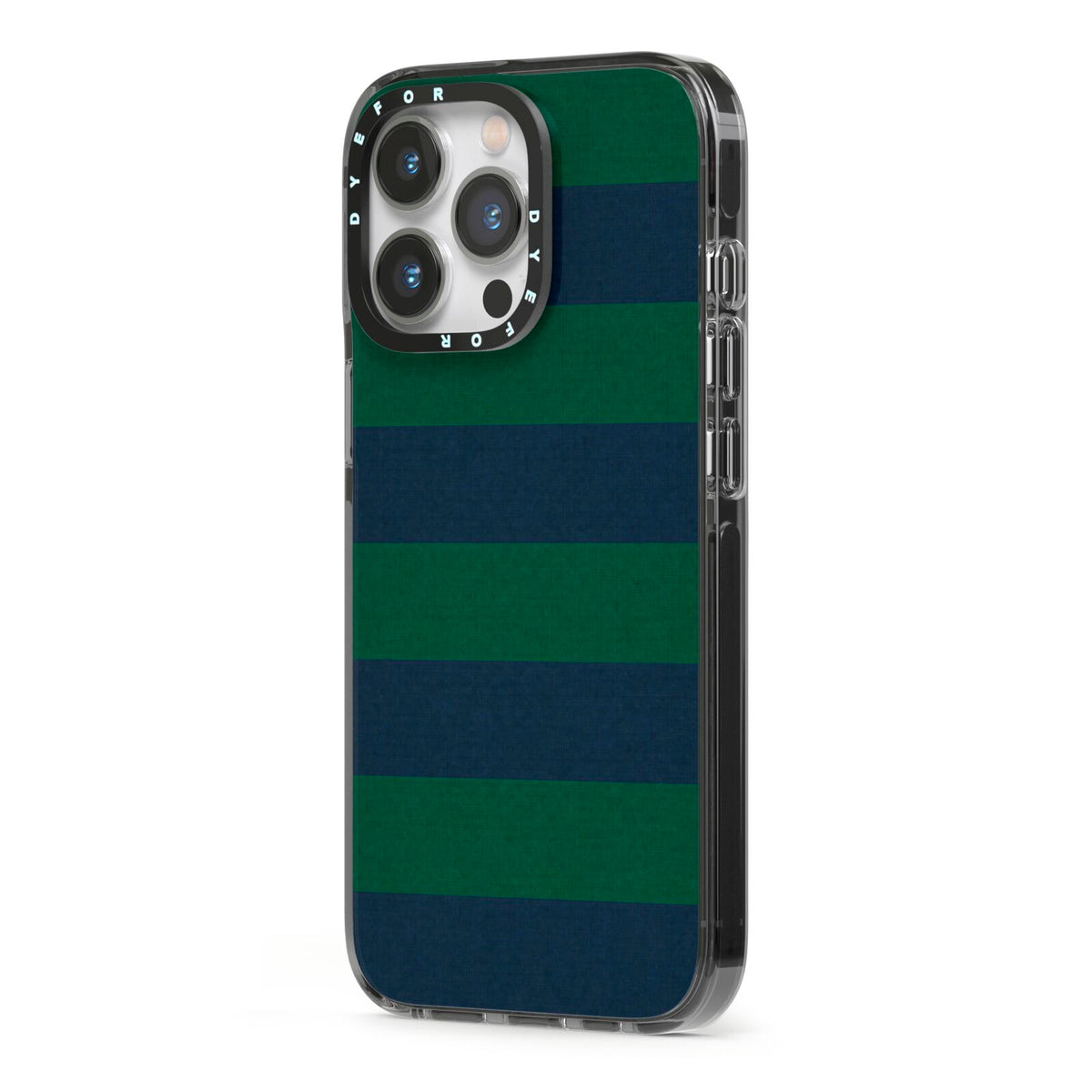 Varsity Rugby Stripe iPhone 13 Pro Black Impact Case Side Angle on Silver phone