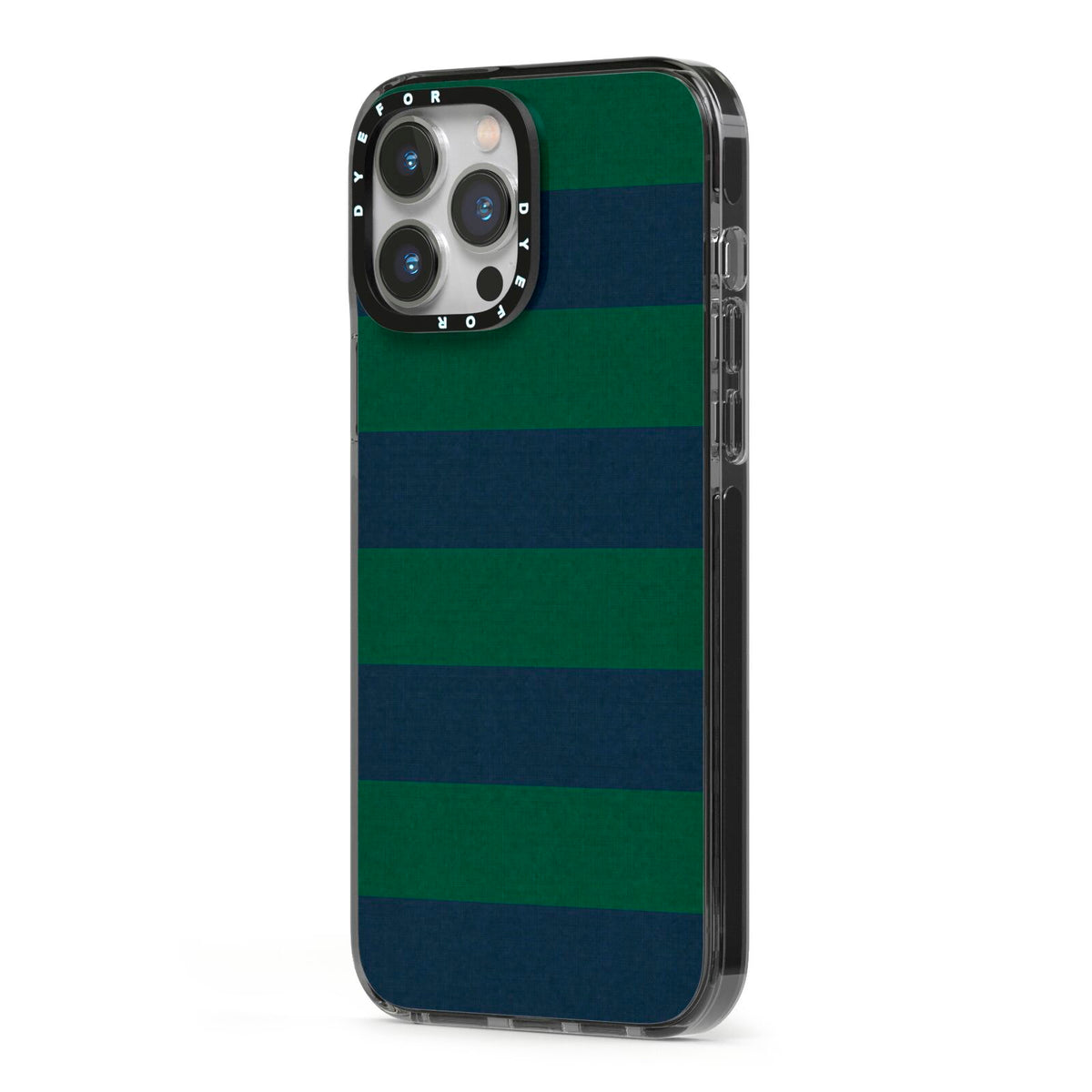 Varsity Rugby Stripe iPhone 13 Pro Max Black Impact Case Side Angle on Silver phone