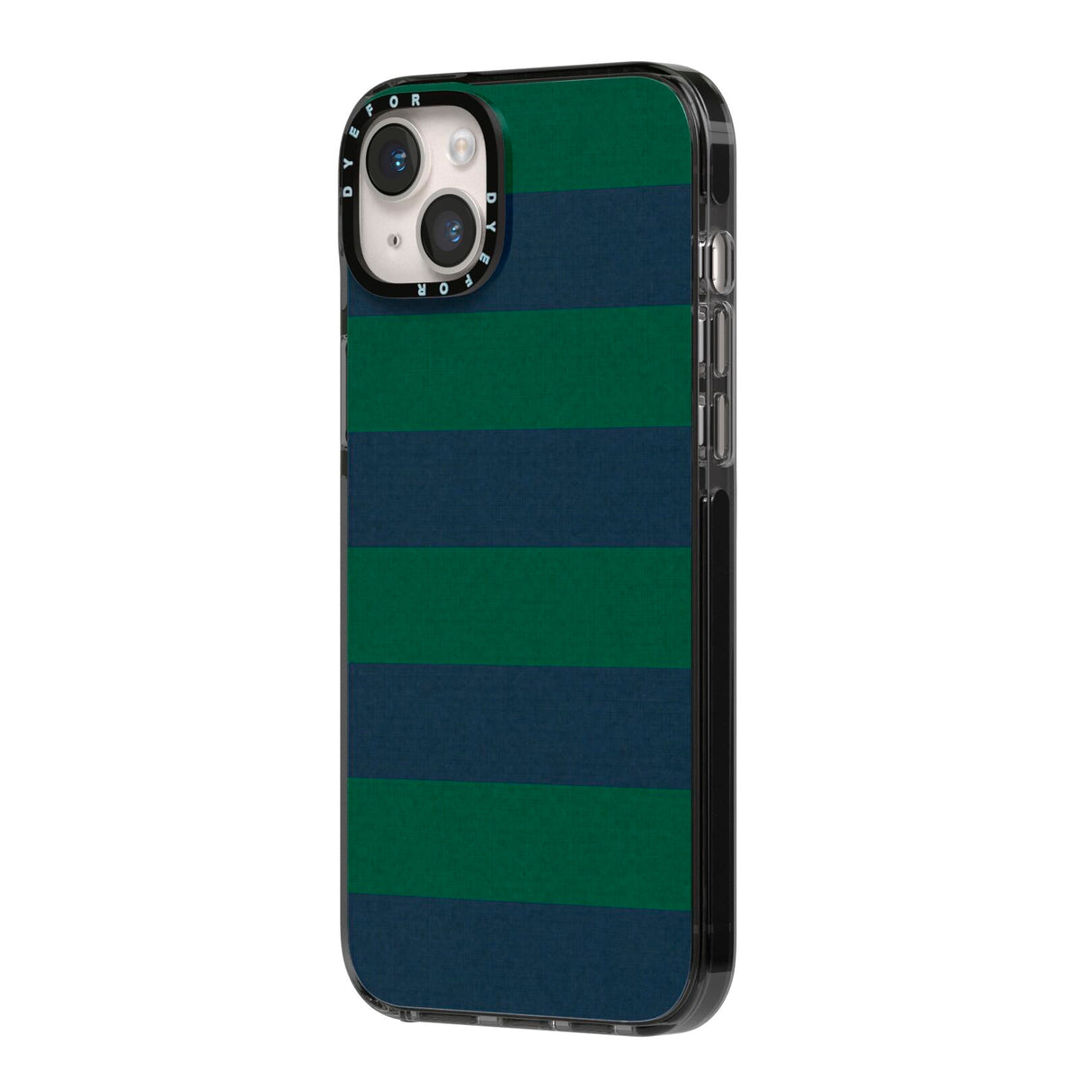 Varsity Rugby Stripe iPhone 14 Plus Black Impact Case Side Angle on Silver phone