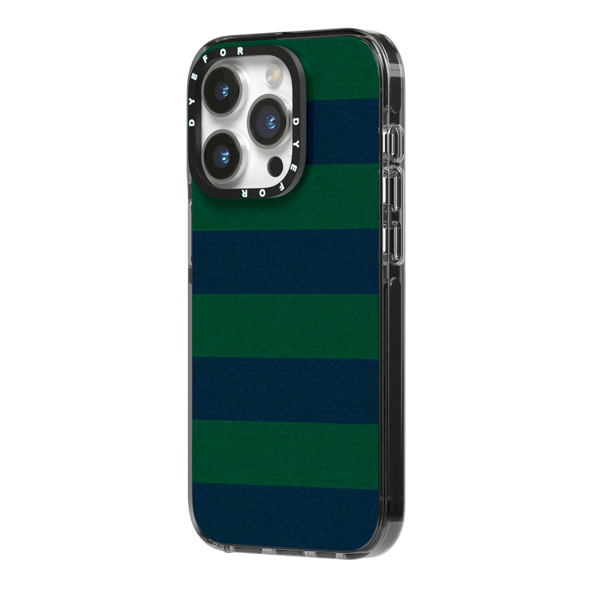Varsity Rugby Stripe iPhone 14 Pro Black Impact Case Side Angle on Silver phone
