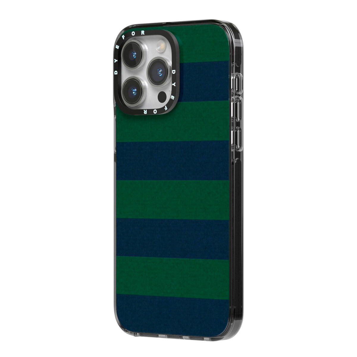 Varsity Rugby Stripe iPhone 14 Pro Max Black Impact Case Side Angle on Silver phone
