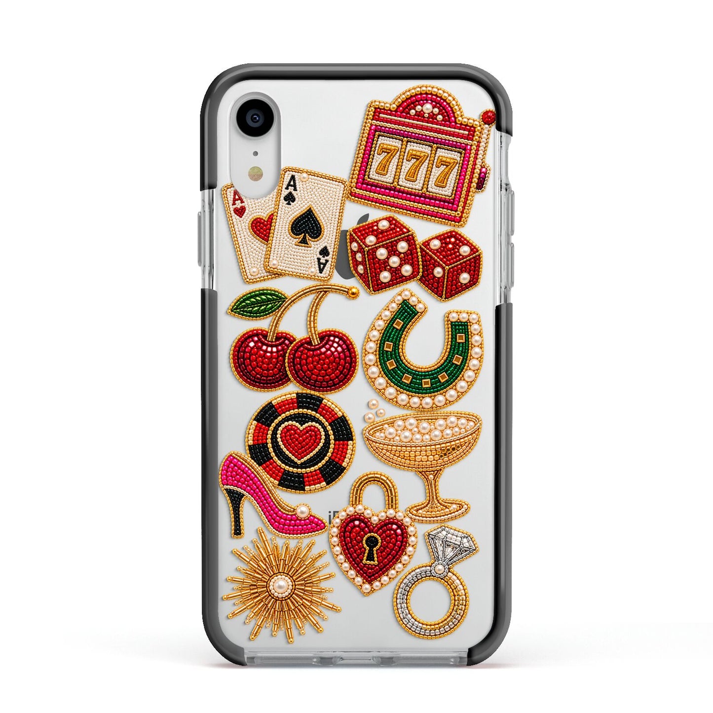 Vegas After Dark Charms Apple iPhone XR Impact Case Black Edge on Silver Phone