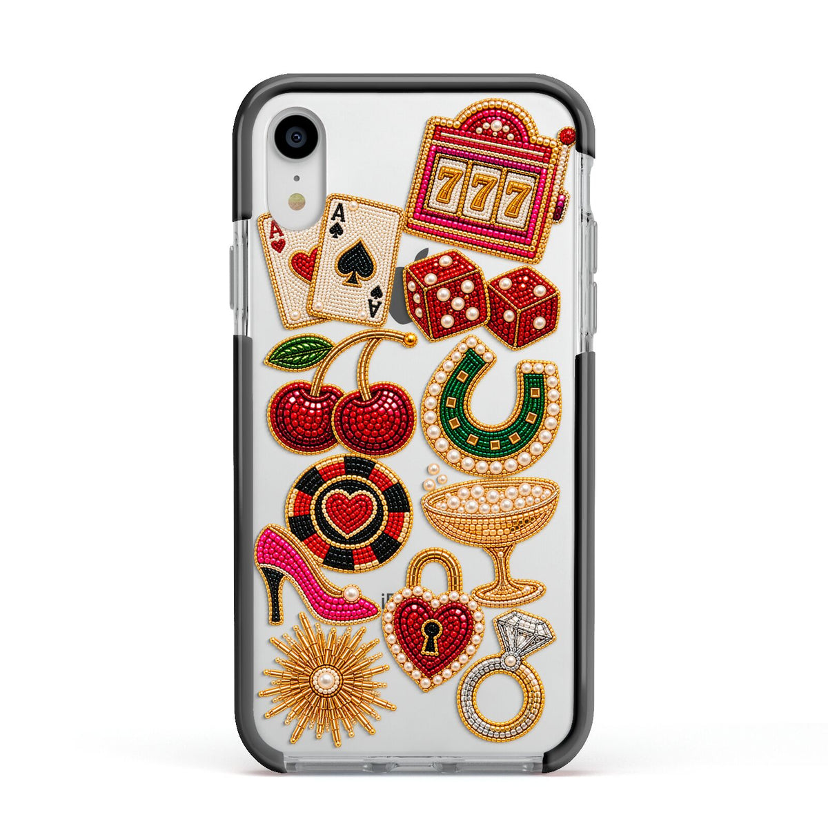 Vegas After Dark Charms Apple iPhone XR Impact Case Black Edge on Silver Phone