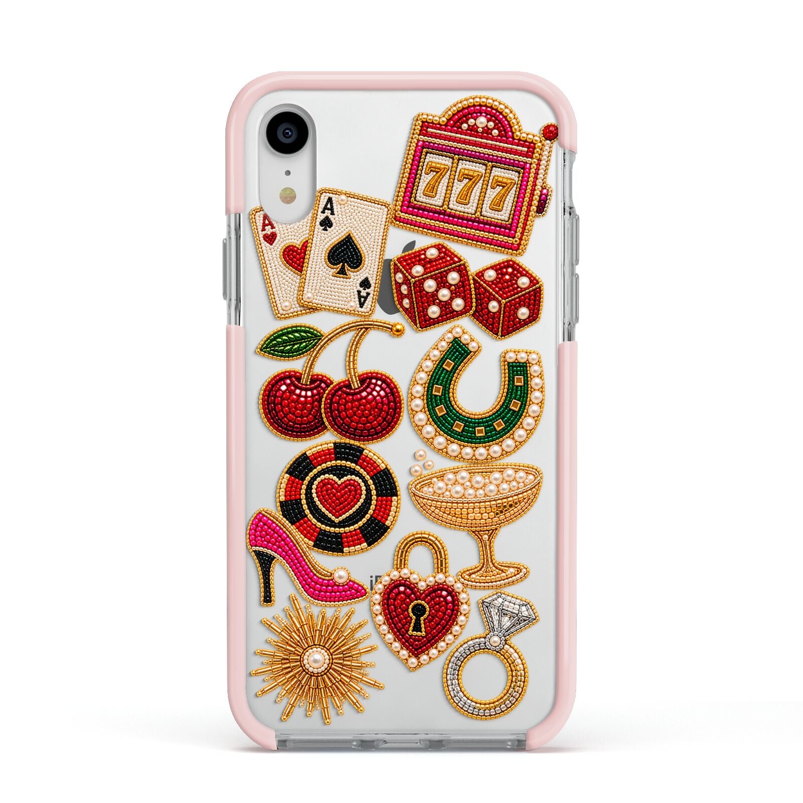 Vegas After Dark Charms Apple iPhone XR Impact Case Pink Edge on Silver Phone