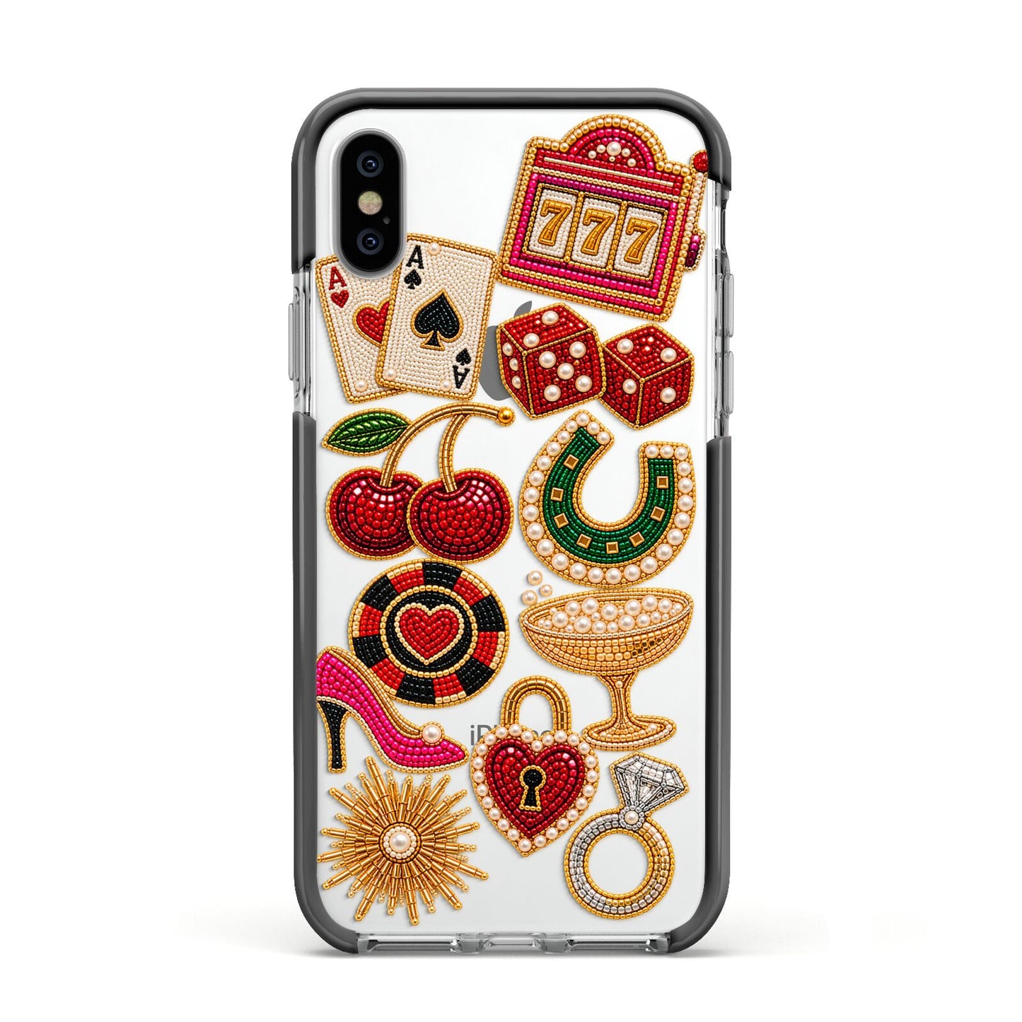 Vegas After Dark Charms Apple iPhone Xs Impact Case Black Edge on Silver Phone
