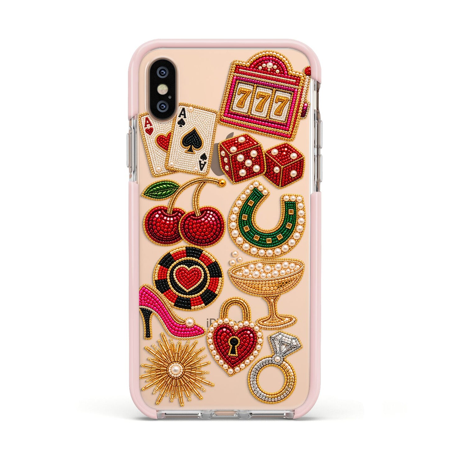 Vegas After Dark Charms Apple iPhone Xs Impact Case Pink Edge on Gold Phone