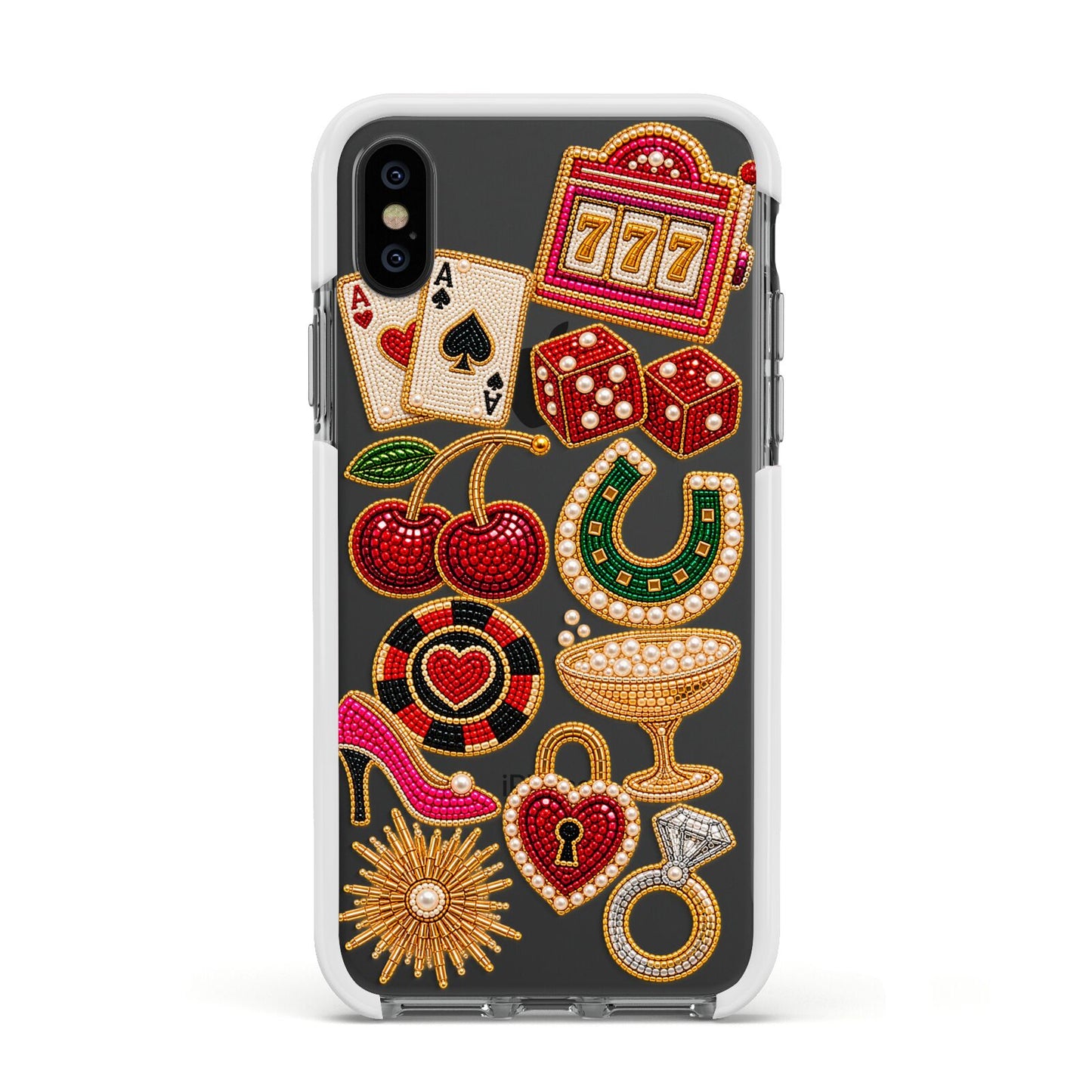 Vegas After Dark Charms Apple iPhone Xs Impact Case White Edge on Black Phone