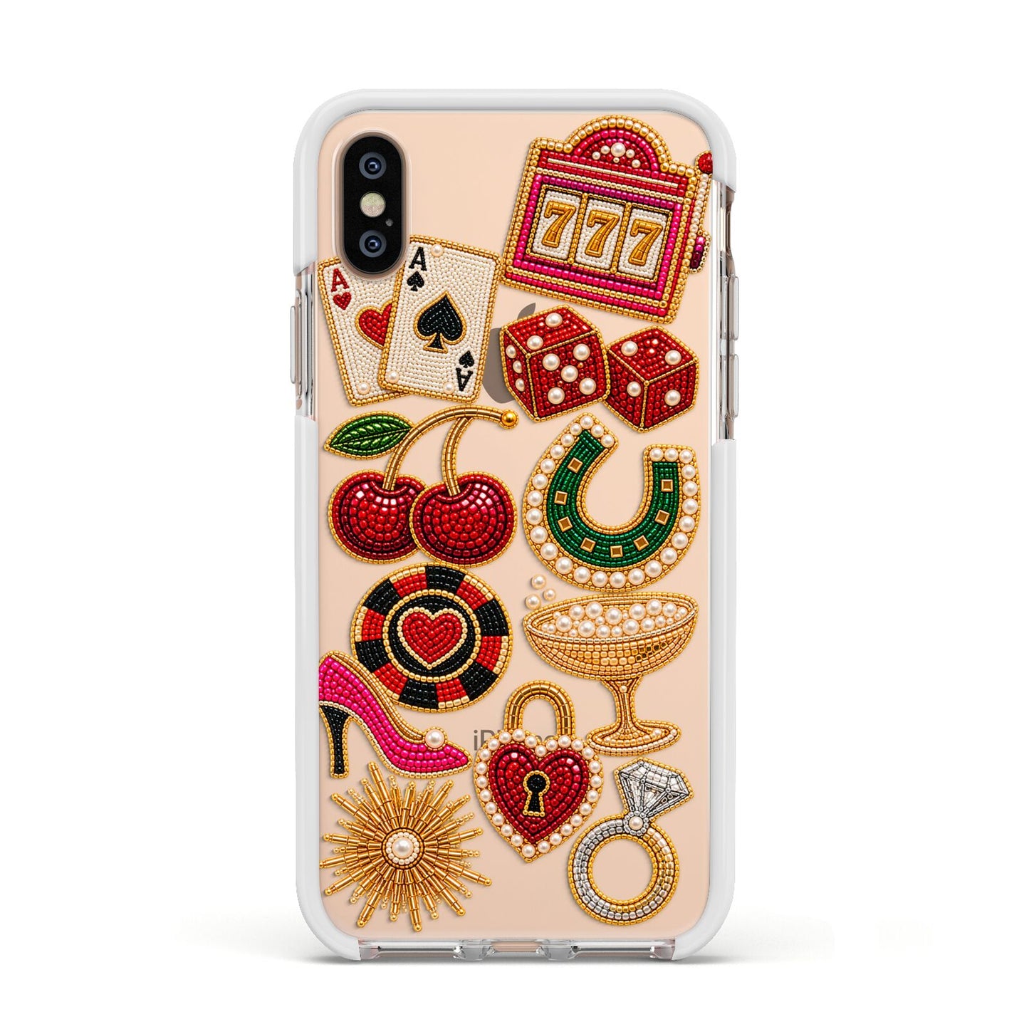 Vegas After Dark Charms Apple iPhone Xs Impact Case White Edge on Gold Phone