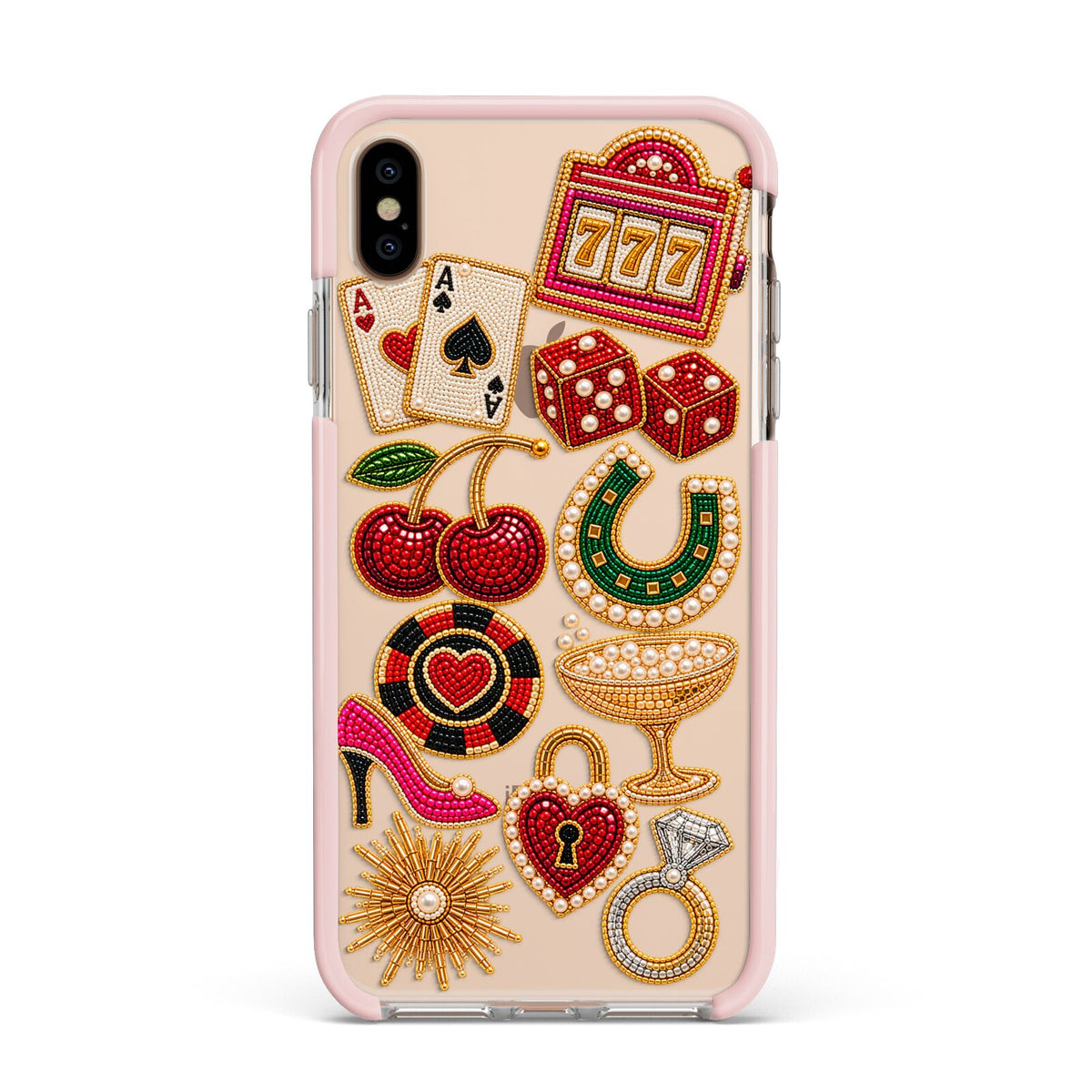 Vegas After Dark Charms Apple iPhone Xs Max Impact Case Pink Edge on Gold Phone