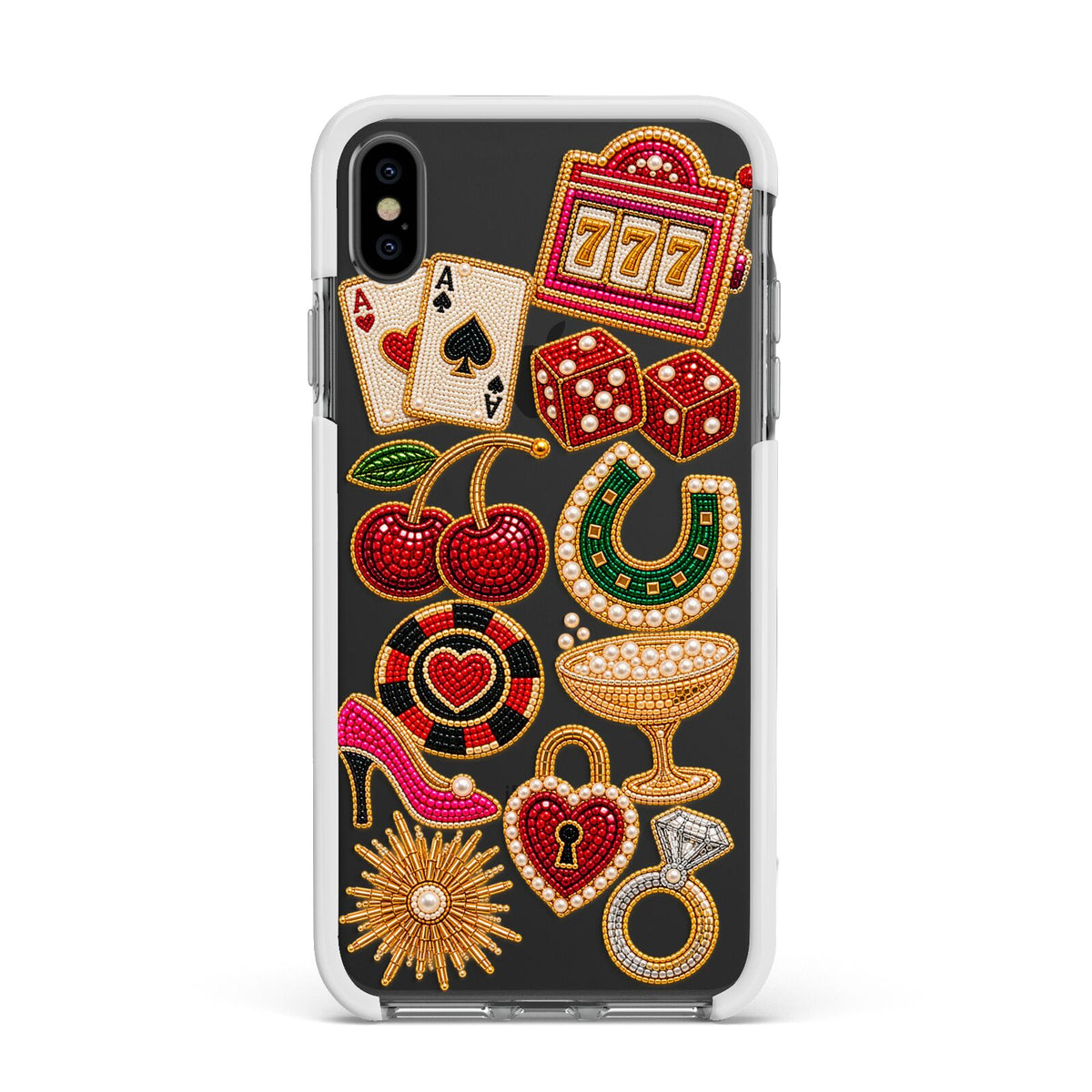Vegas After Dark Charms Apple iPhone Xs Max Impact Case White Edge on Black Phone