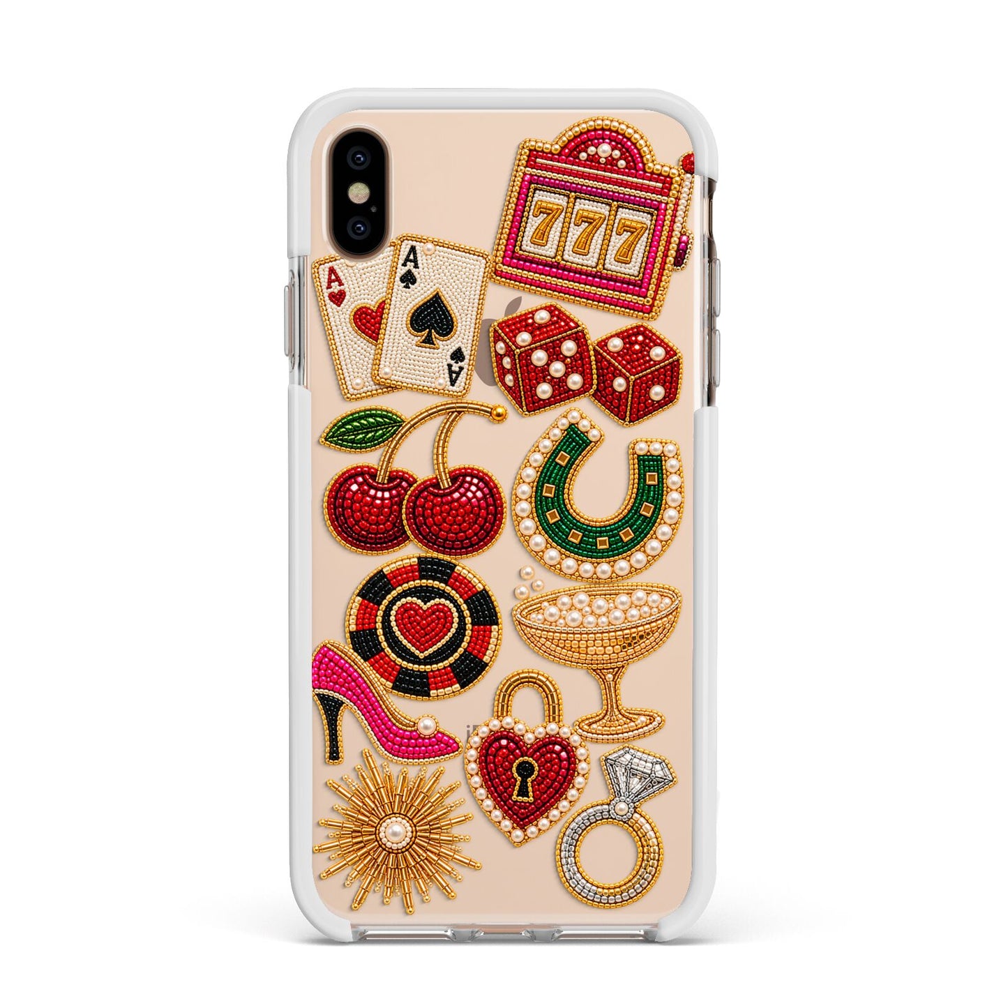 Vegas After Dark Charms Apple iPhone Xs Max Impact Case White Edge on Gold Phone