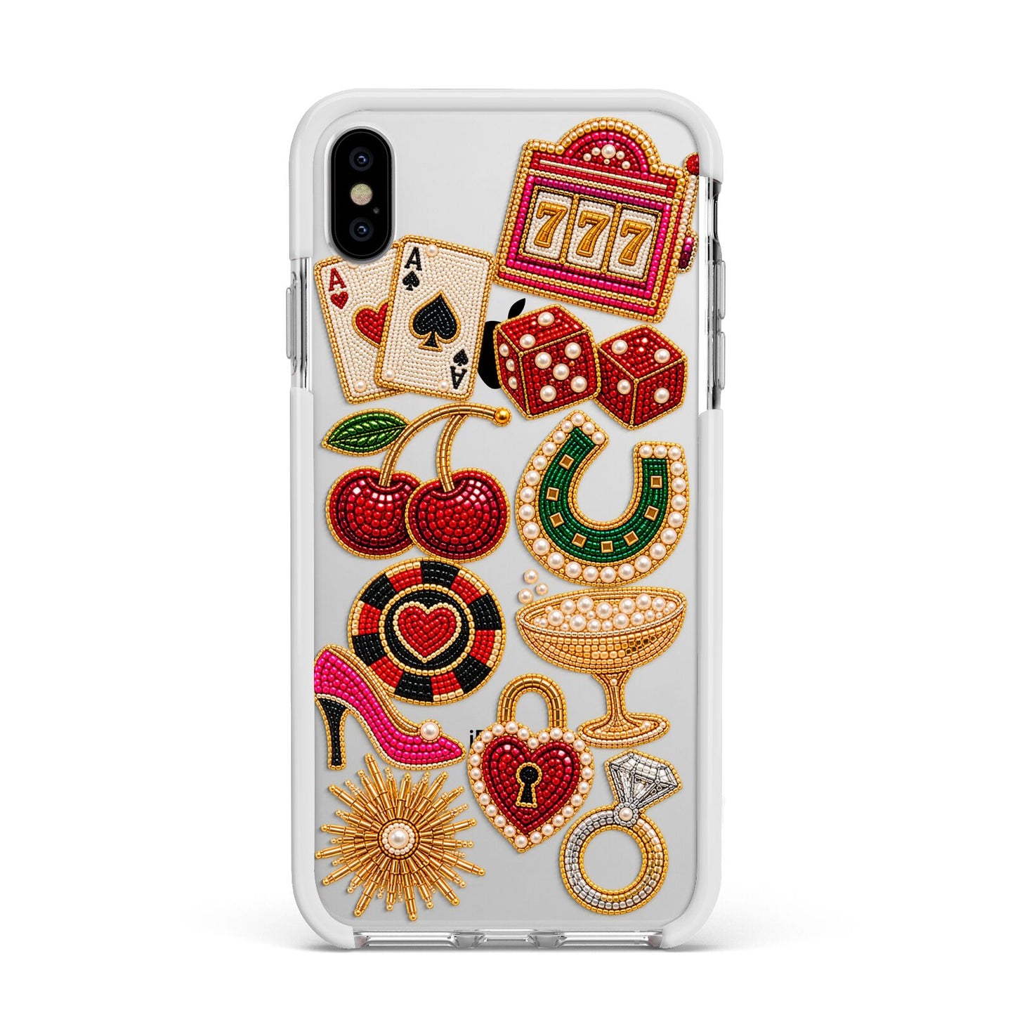 Vegas After Dark Charms Apple iPhone Xs Max Impact Case White Edge on Silver Phone