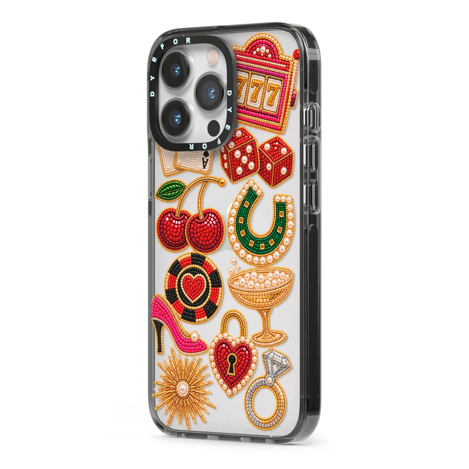 Vegas After Dark Charms iPhone 13 Pro Black Impact Case Side Angle on Silver phone