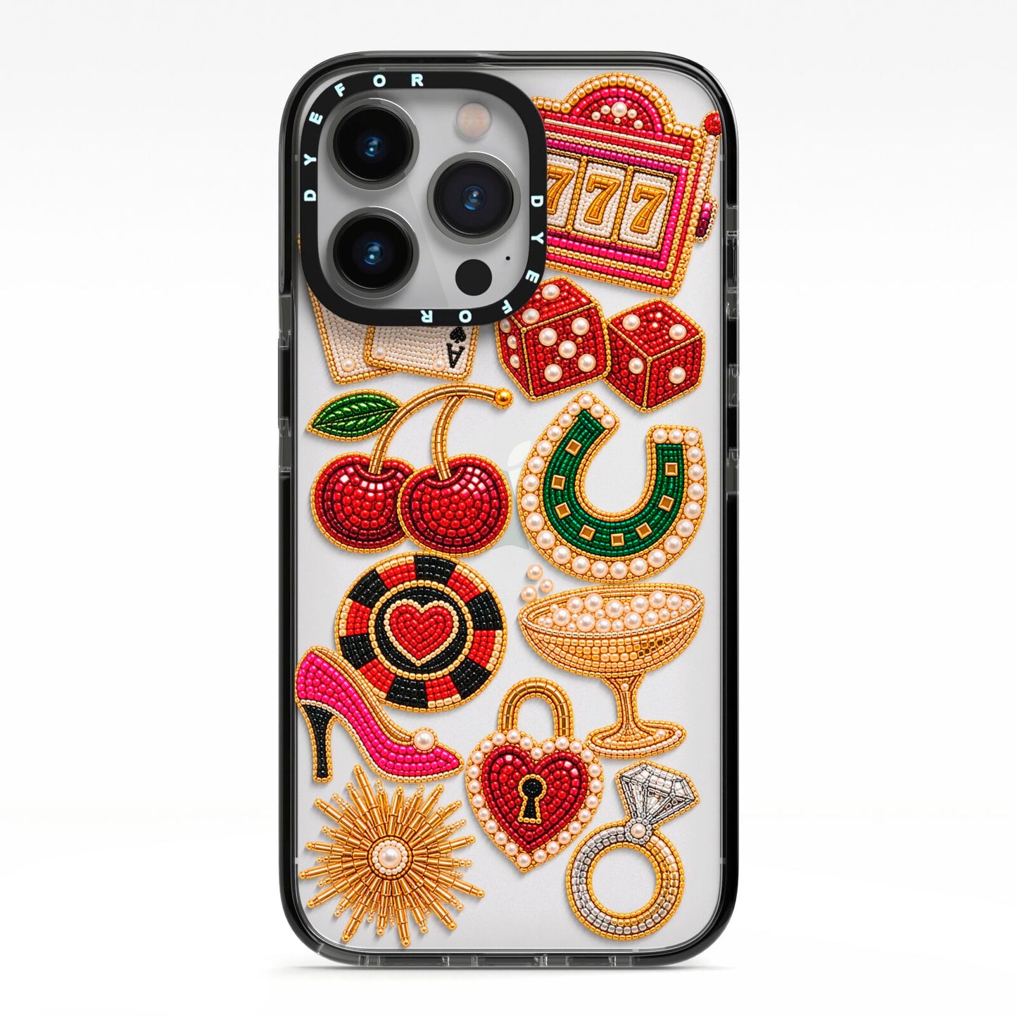 Vegas After Dark Charms iPhone 13 Pro Black Impact Case on Silver phone