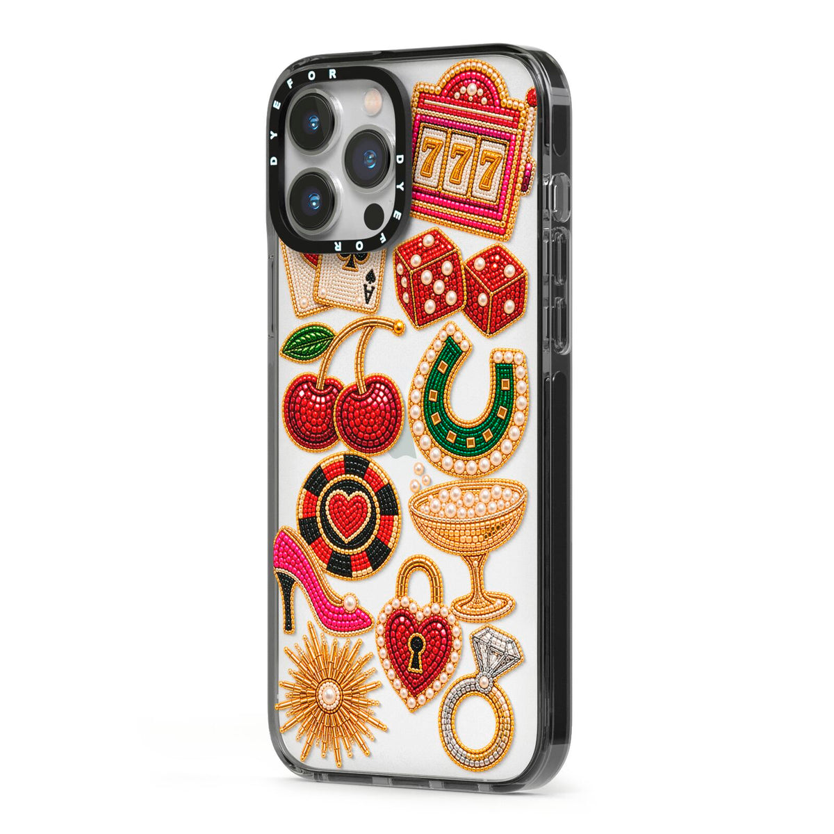 Vegas After Dark Charms iPhone 13 Pro Max Black Impact Case Side Angle on Silver phone