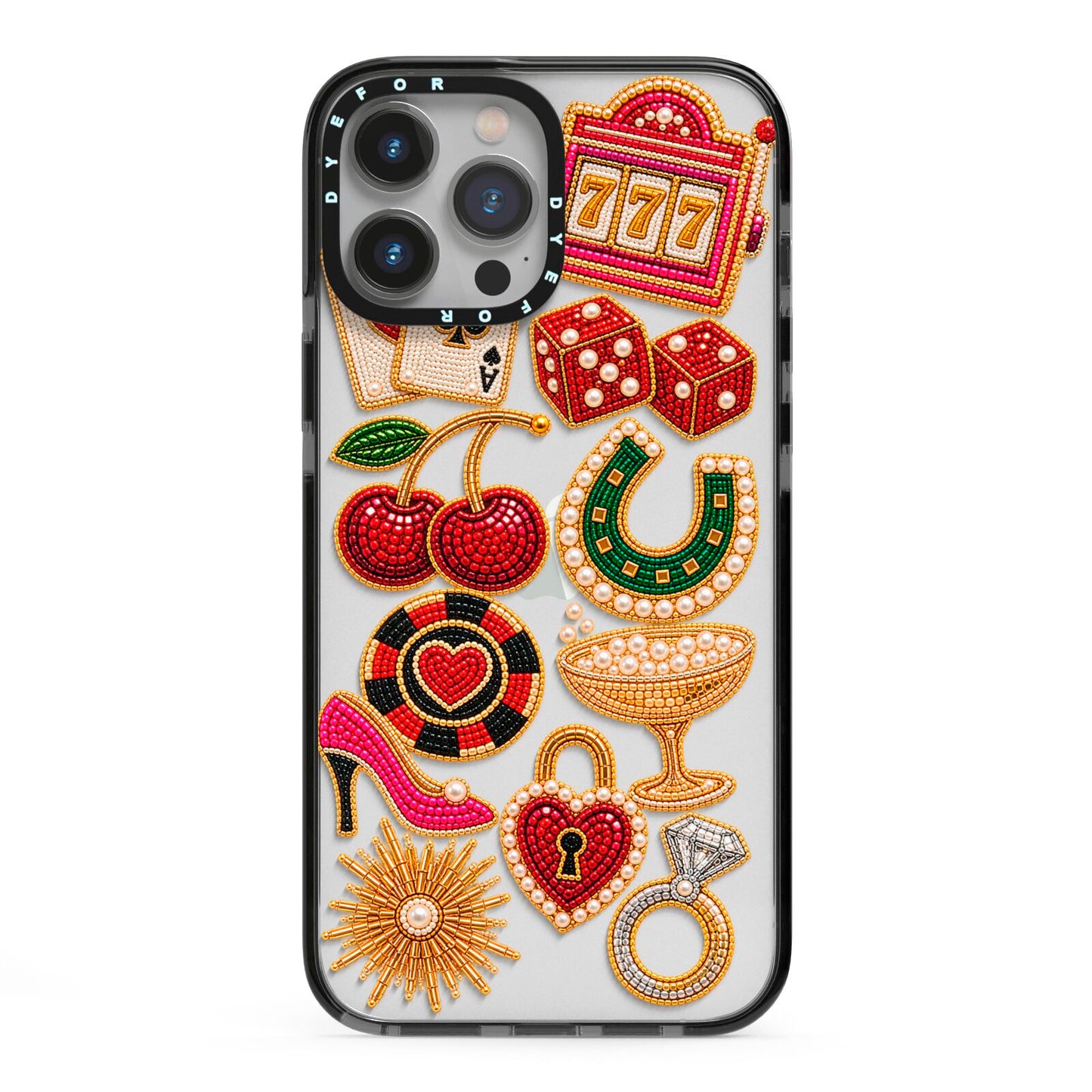 Vegas After Dark Charms iPhone 13 Pro Max Black Impact Case on Silver phone