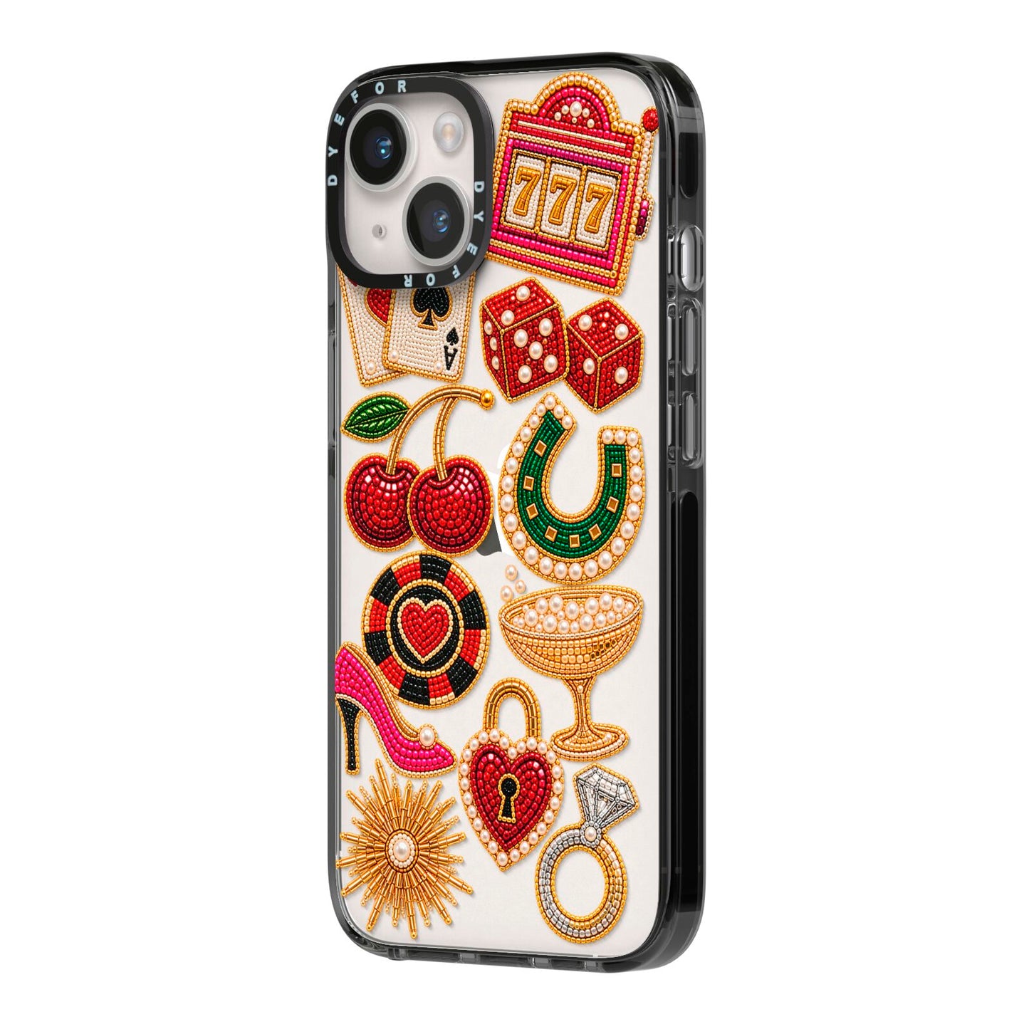 Vegas After Dark Charms iPhone 14 Black Impact Case Side Angle on Silver phone