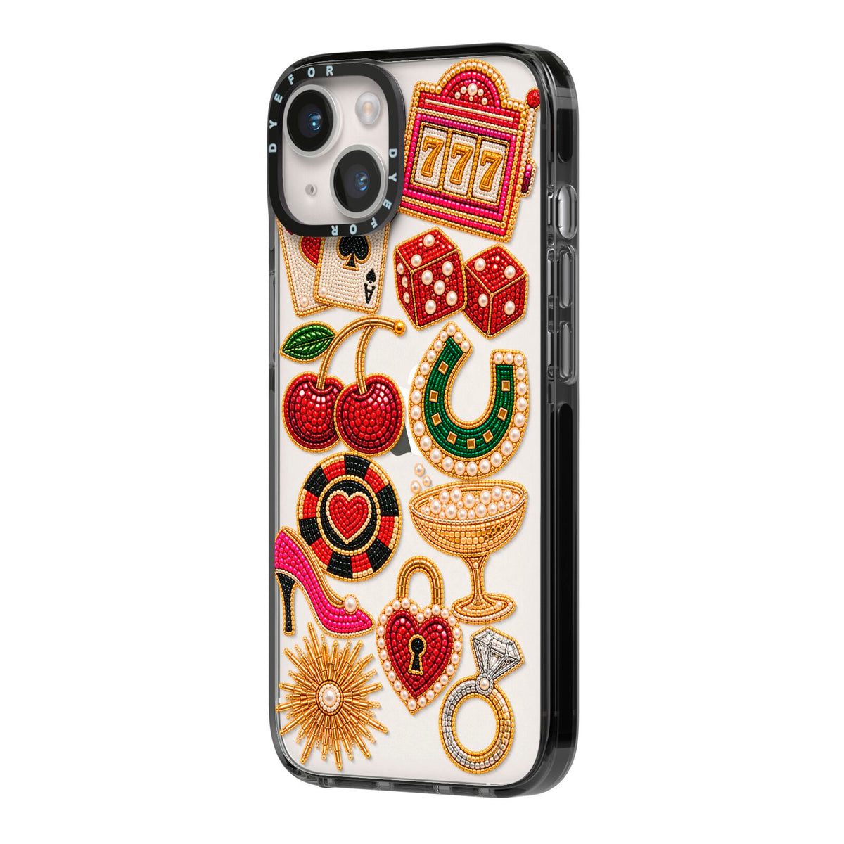 Vegas After Dark Charms iPhone 14 Black Impact Case Side Angle on Silver phone