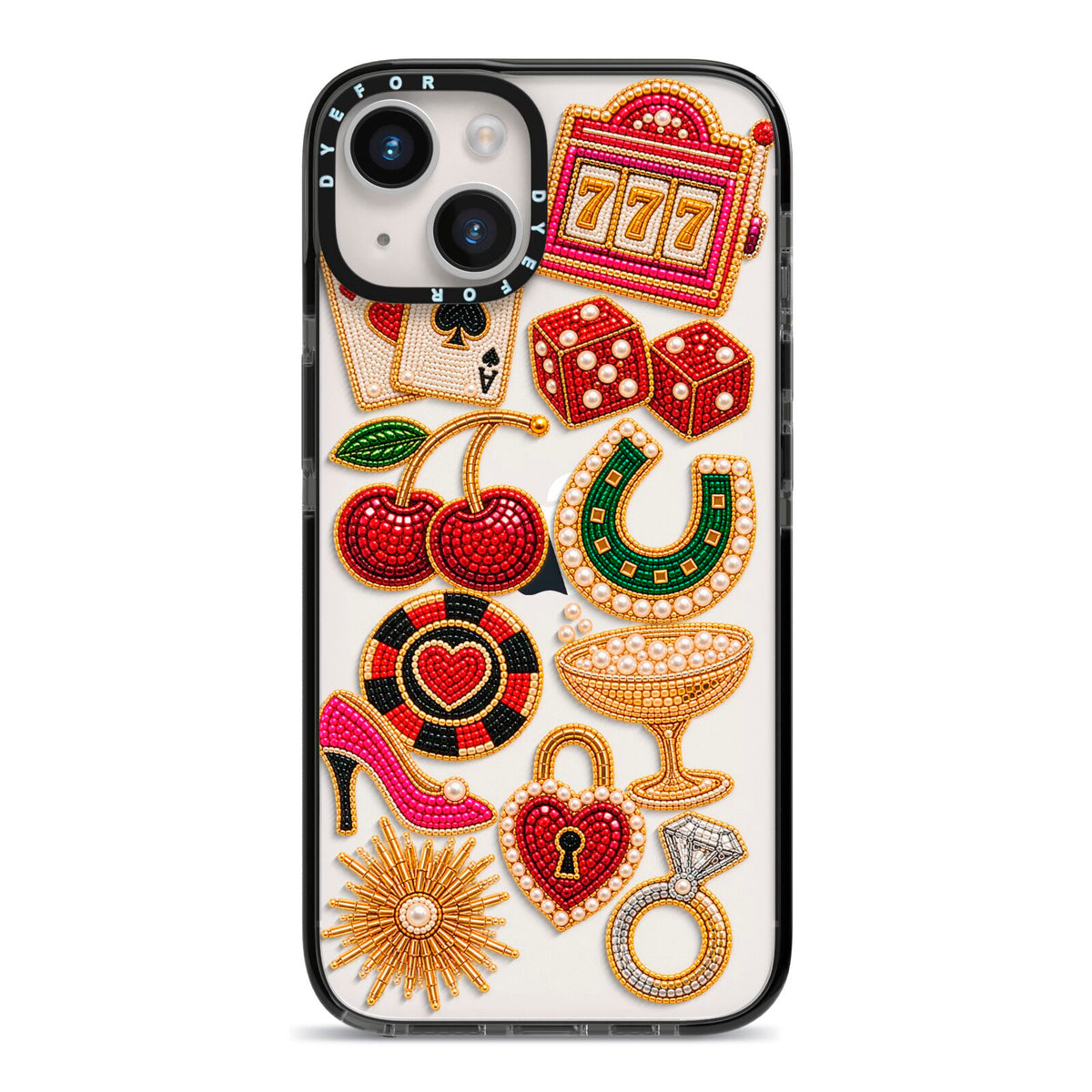 Vegas After Dark Charms iPhone 14 Black Impact Case on Silver phone