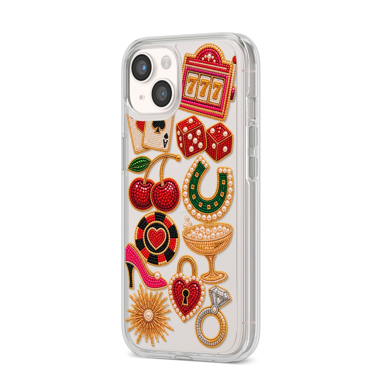 Vegas After Dark Charms iPhone 14 Clear Tough Case Starlight Angled Image