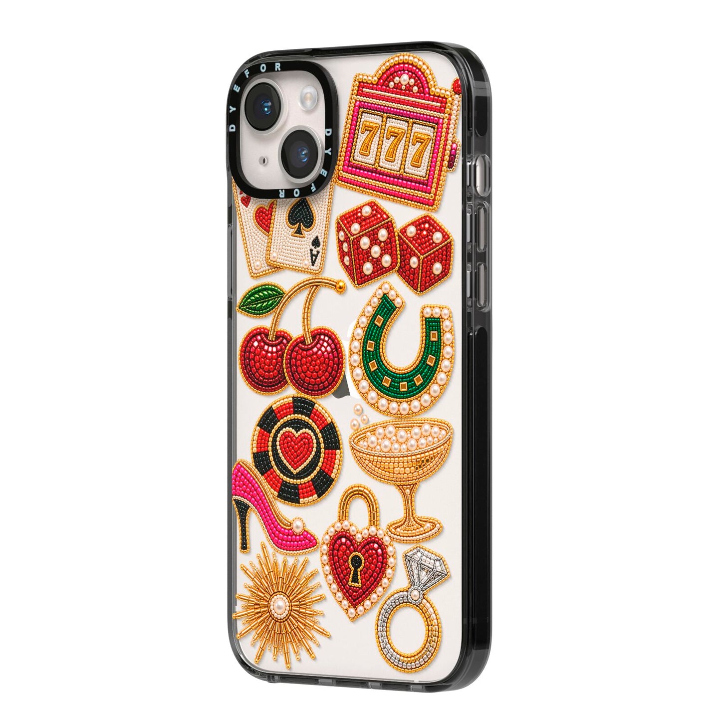 Vegas After Dark Charms iPhone 14 Plus Black Impact Case Side Angle on Silver phone