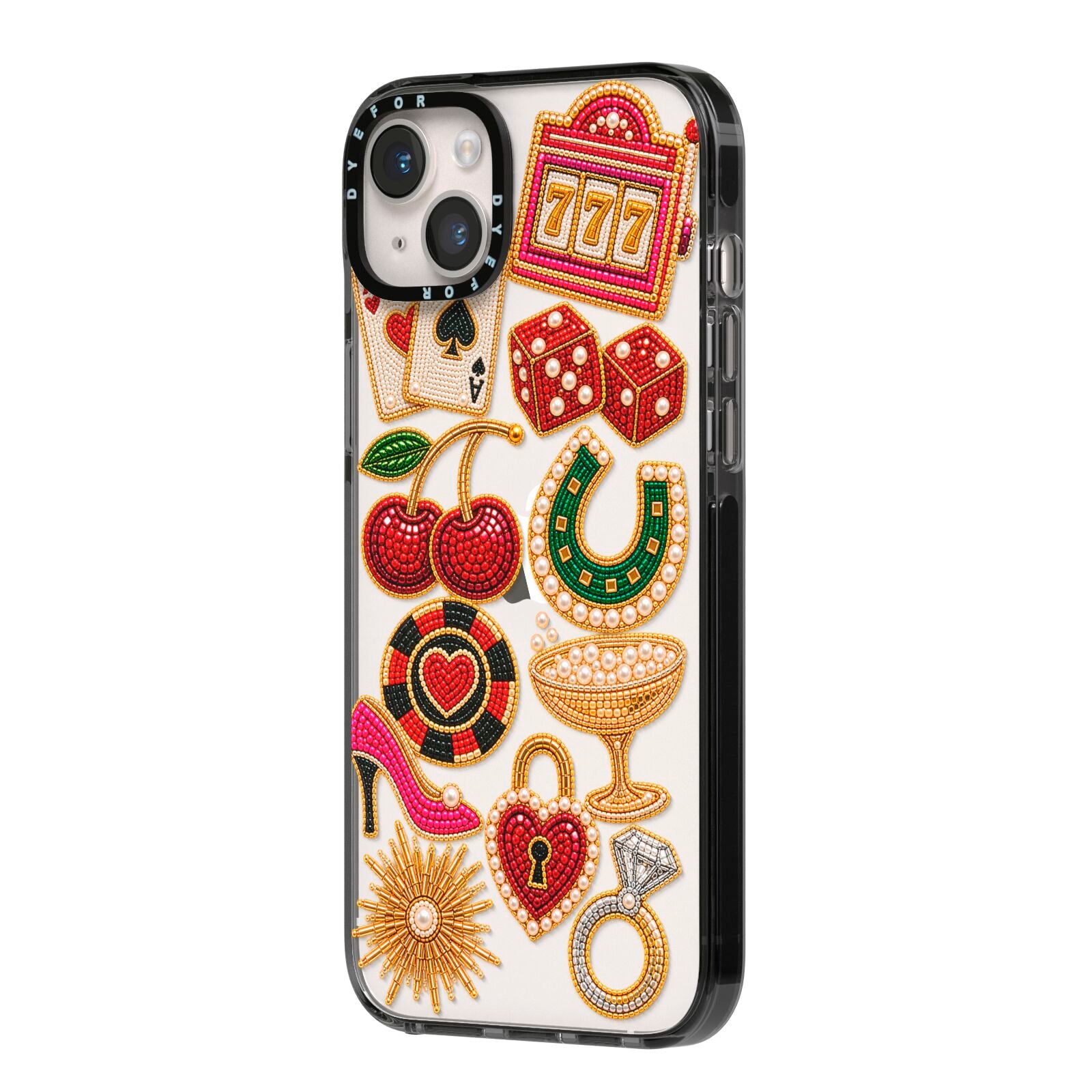 Vegas After Dark Charms iPhone 14 Plus Black Impact Case Side Angle on Silver phone