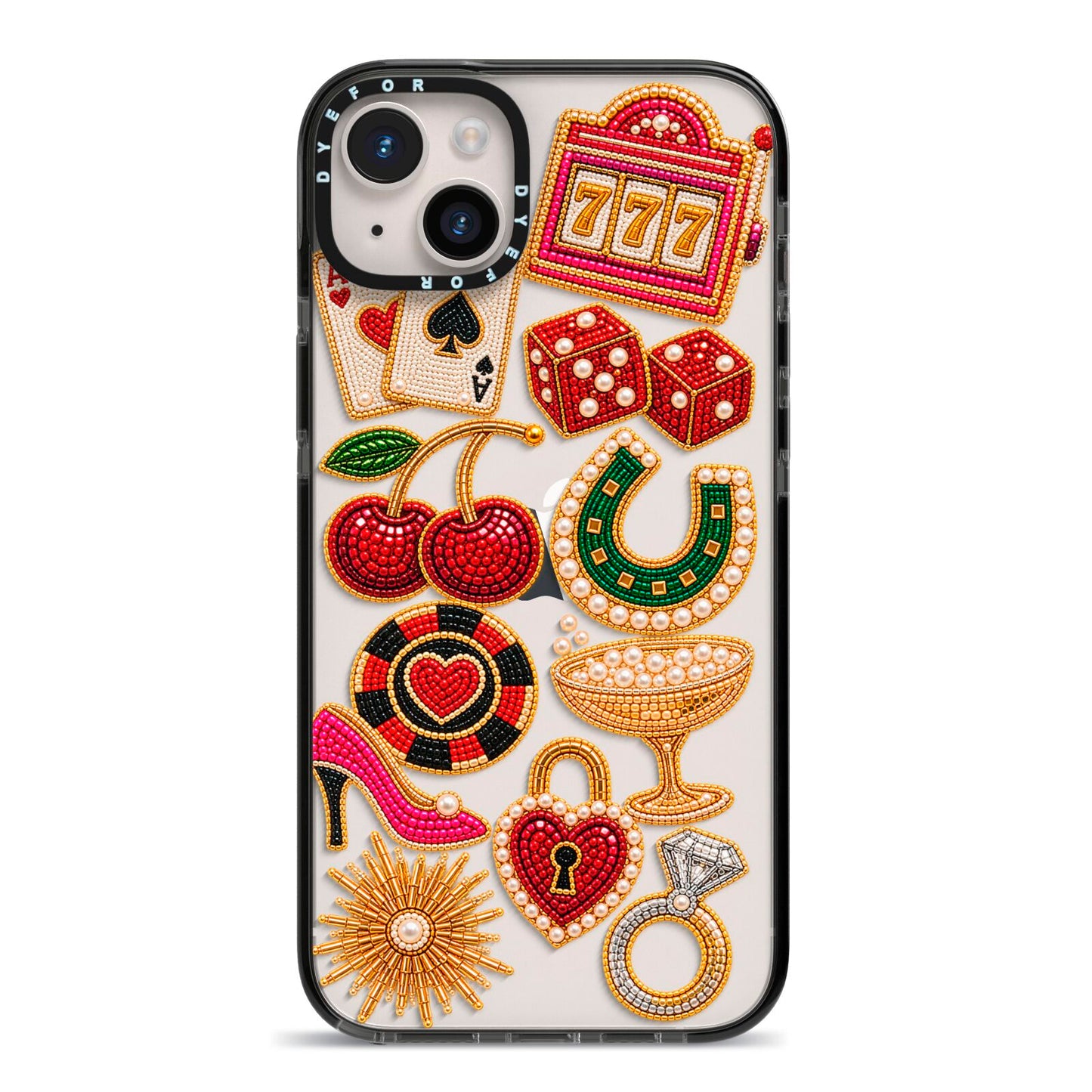 Vegas After Dark Charms iPhone 14 Plus Black Impact Case on Silver phone