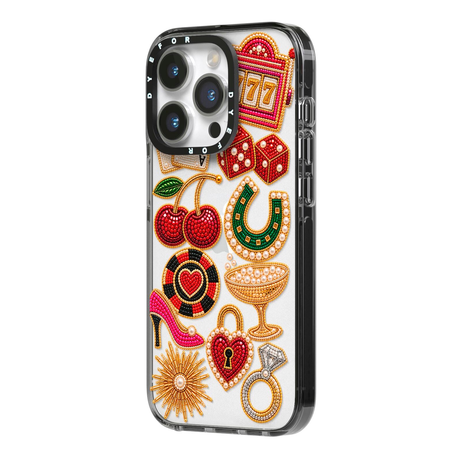 Vegas After Dark Charms iPhone 14 Pro Black Impact Case Side Angle on Silver phone