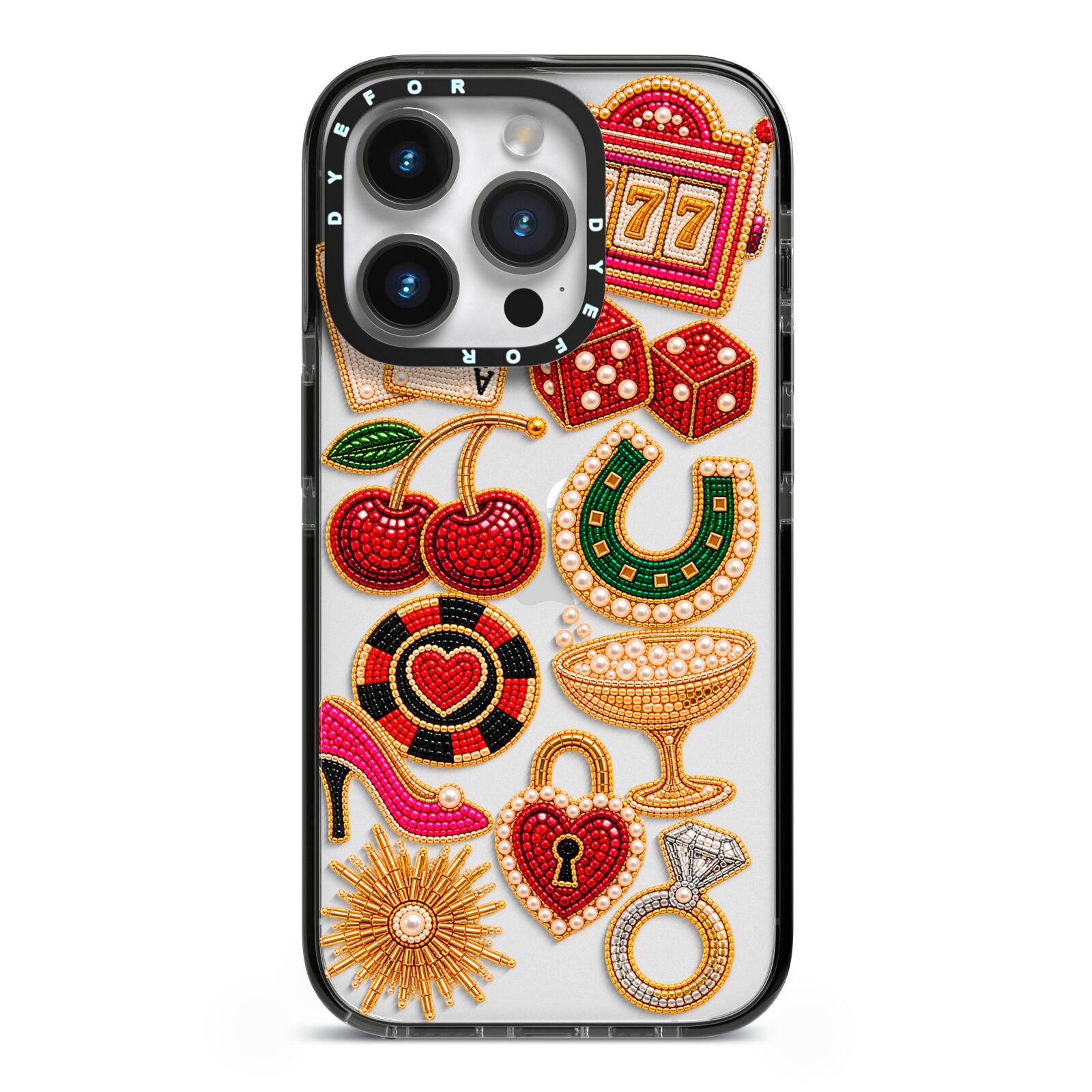 Vegas After Dark Charms iPhone 14 Pro Black Impact Case on Silver phone