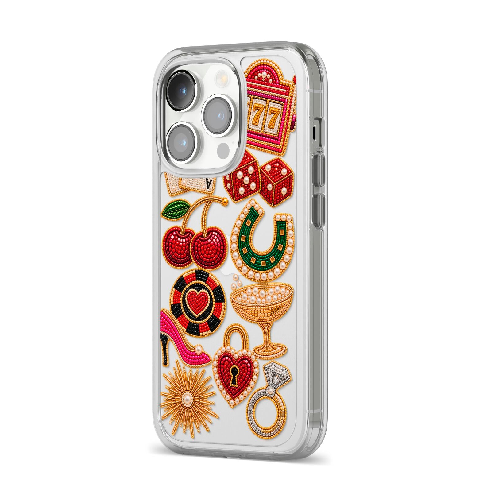 Vegas After Dark Charms iPhone 14 Pro Clear Tough Case Silver Angled Image