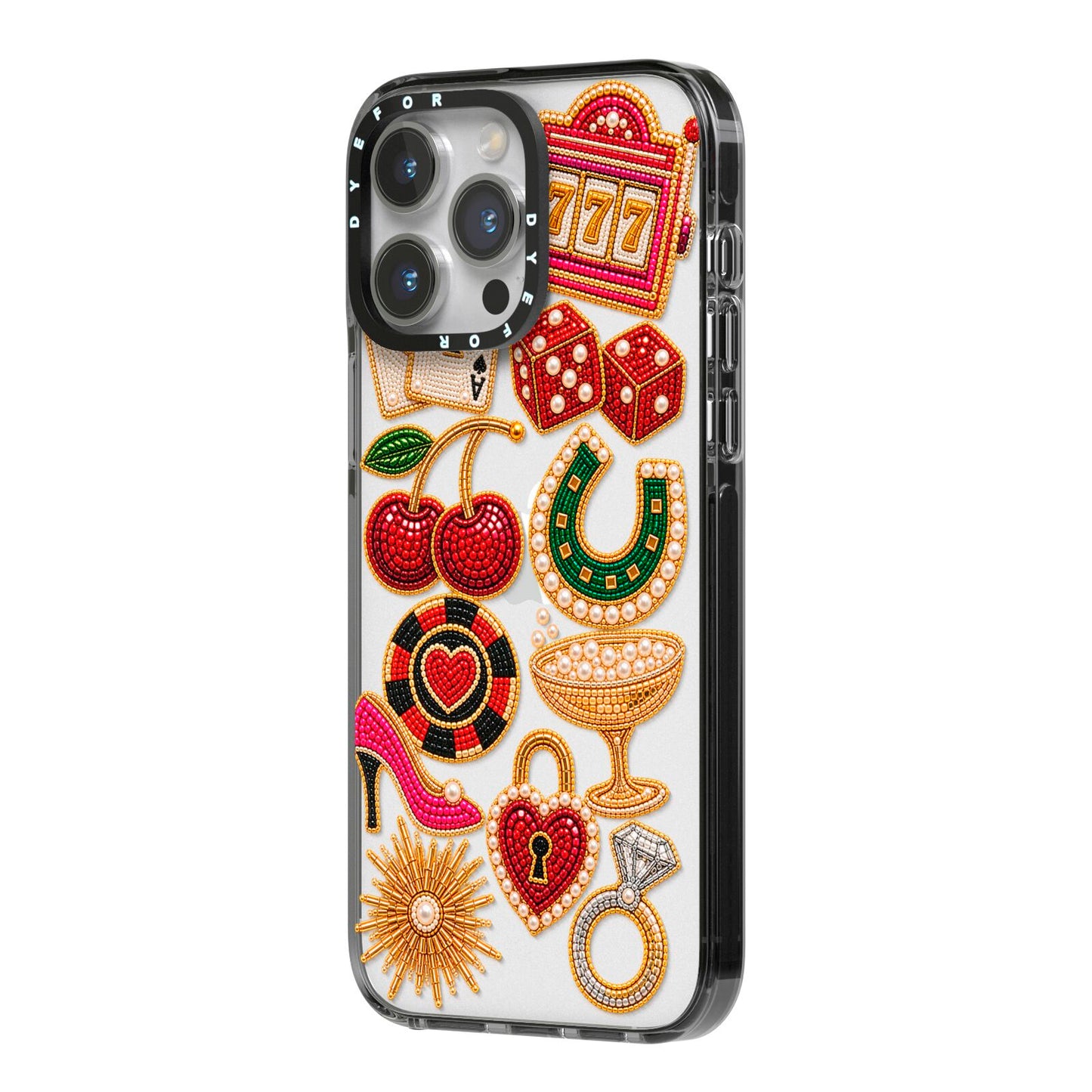 Vegas After Dark Charms iPhone 14 Pro Max Black Impact Case Side Angle on Silver phone