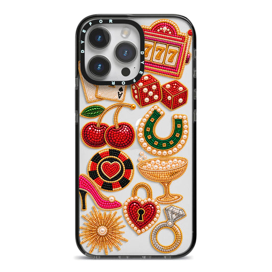 Vegas After Dark Charms iPhone 14 Pro Max Black Impact Case on Silver phone