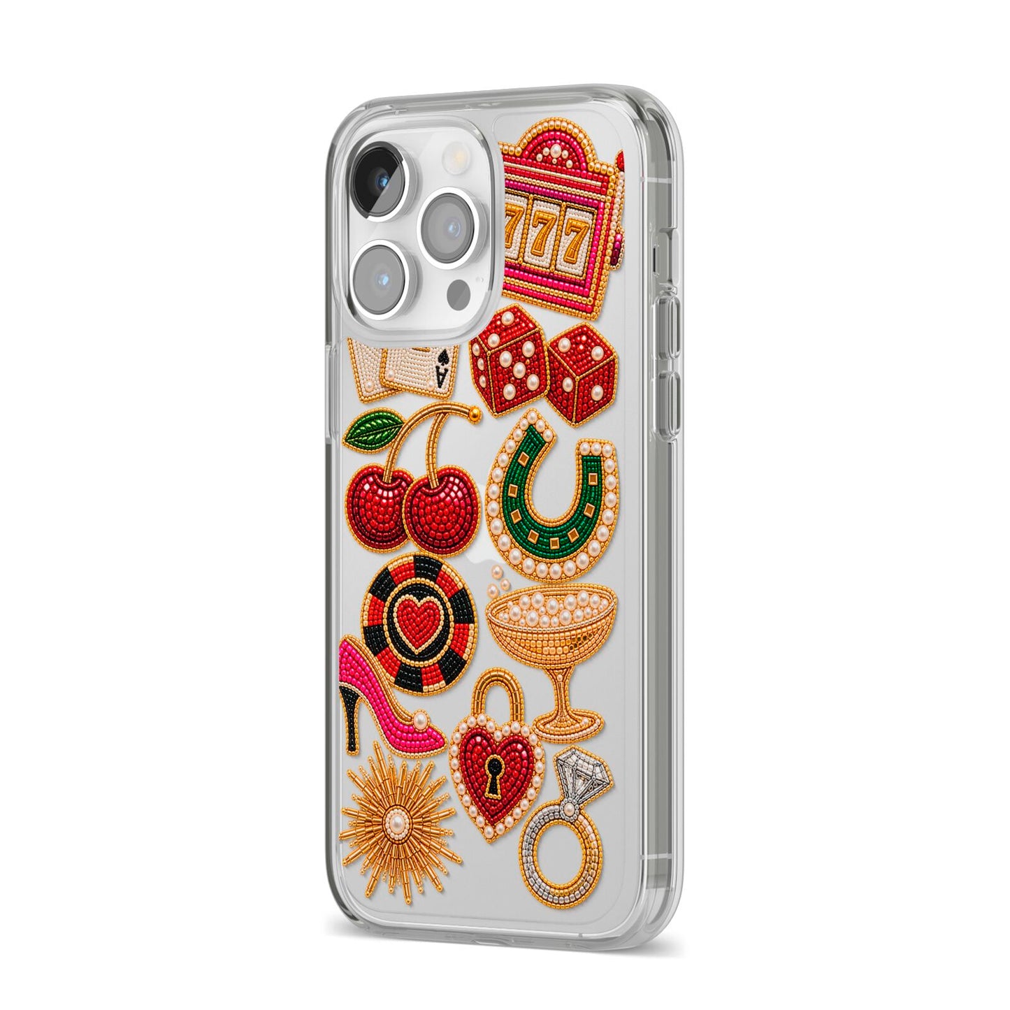 Vegas After Dark Charms iPhone 14 Pro Max Clear Tough Case Silver Angled Image