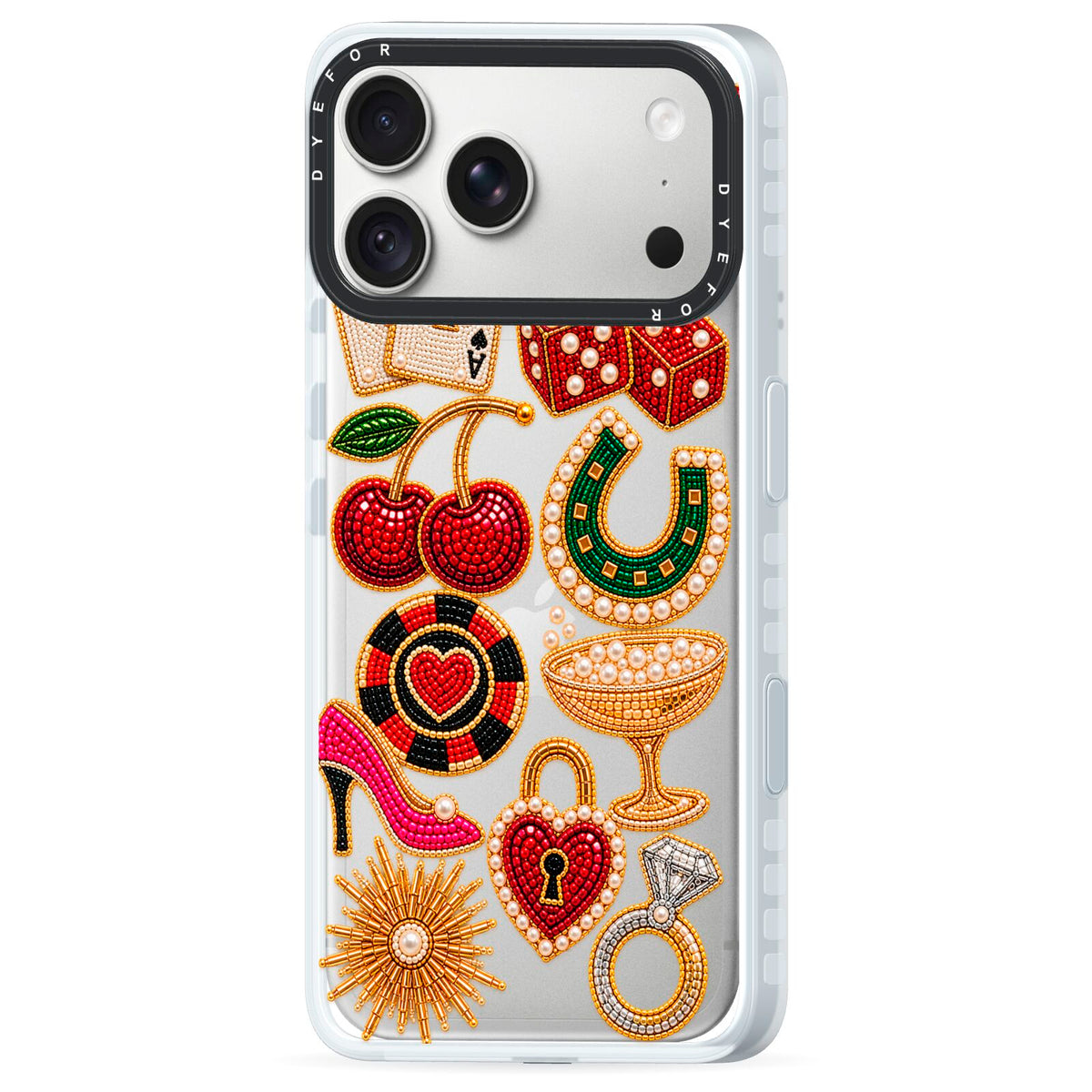 Vegas After Dark Charms iPhone 18 Pro Black Impact Pre order Case Side Angle on Silver phone