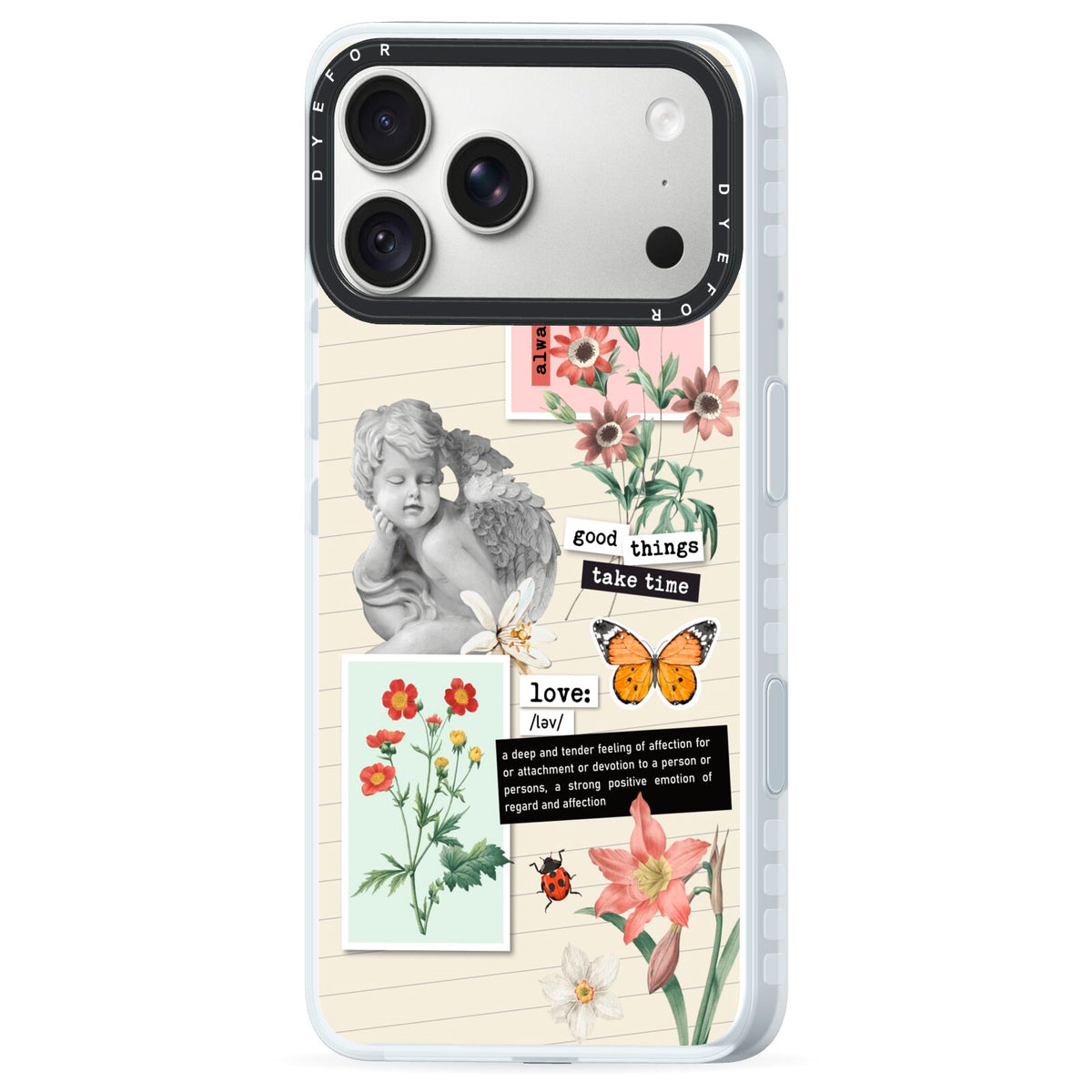 Vintage Love Collage iPhone 18 Pro Black Impact Pre order Case Side Angle on Silver phone