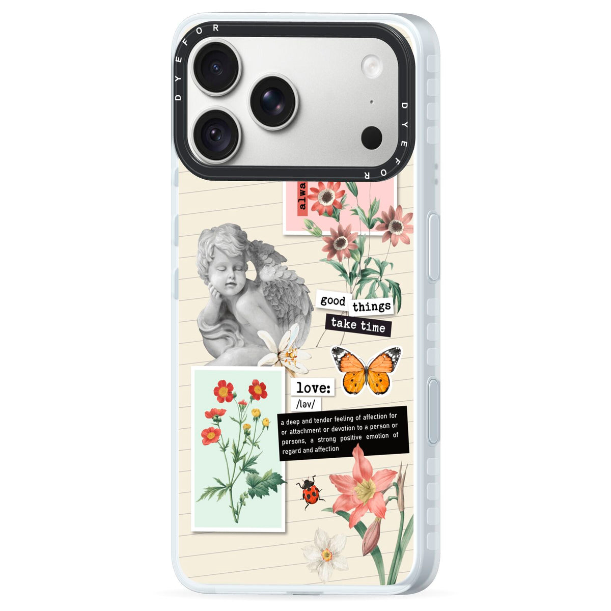 Vintage Love Collage iPhone 18 Pro Max Black Impact Pre order Case Side Angle on Silver phone