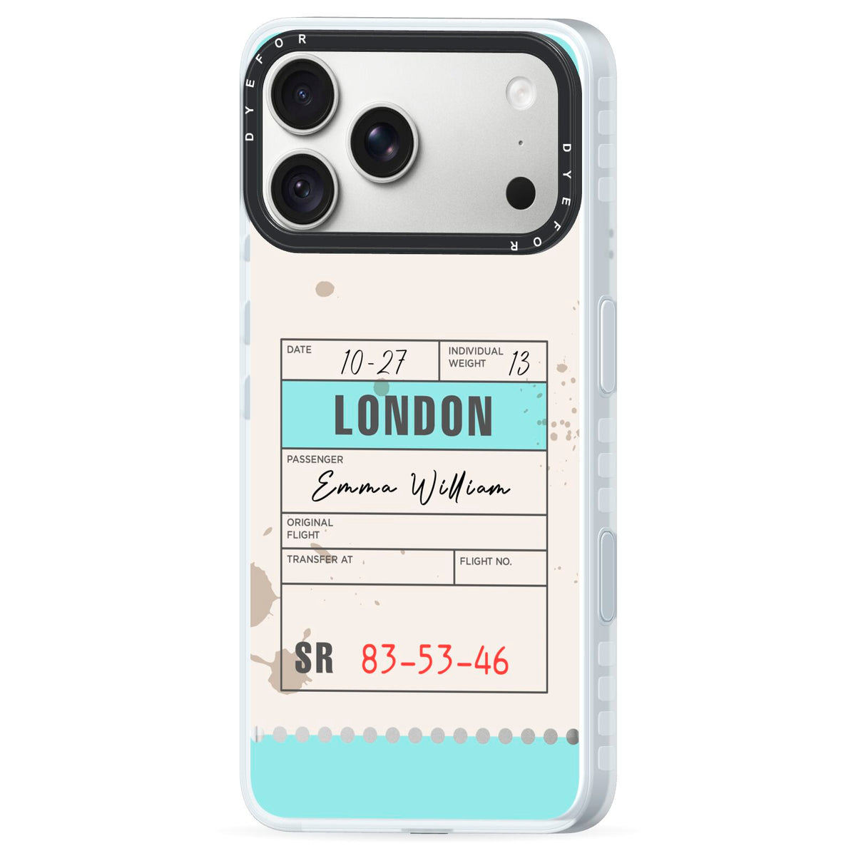 Vintage Luggage Tag iPhone 18 Pro Max Black Impact Pre order Case Side Angle on Silver phone
